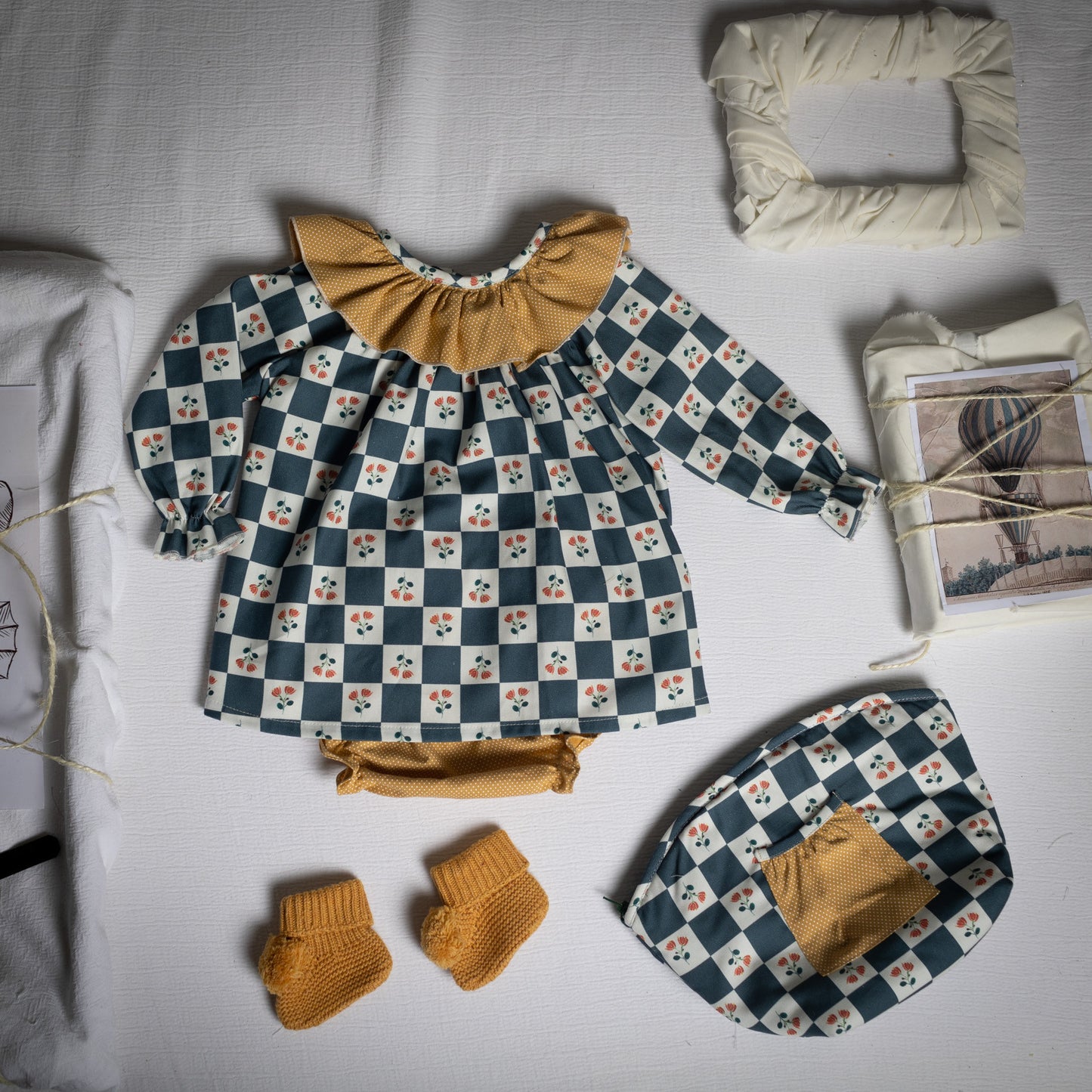 Positano mustard polka dots blouse & bloomer set