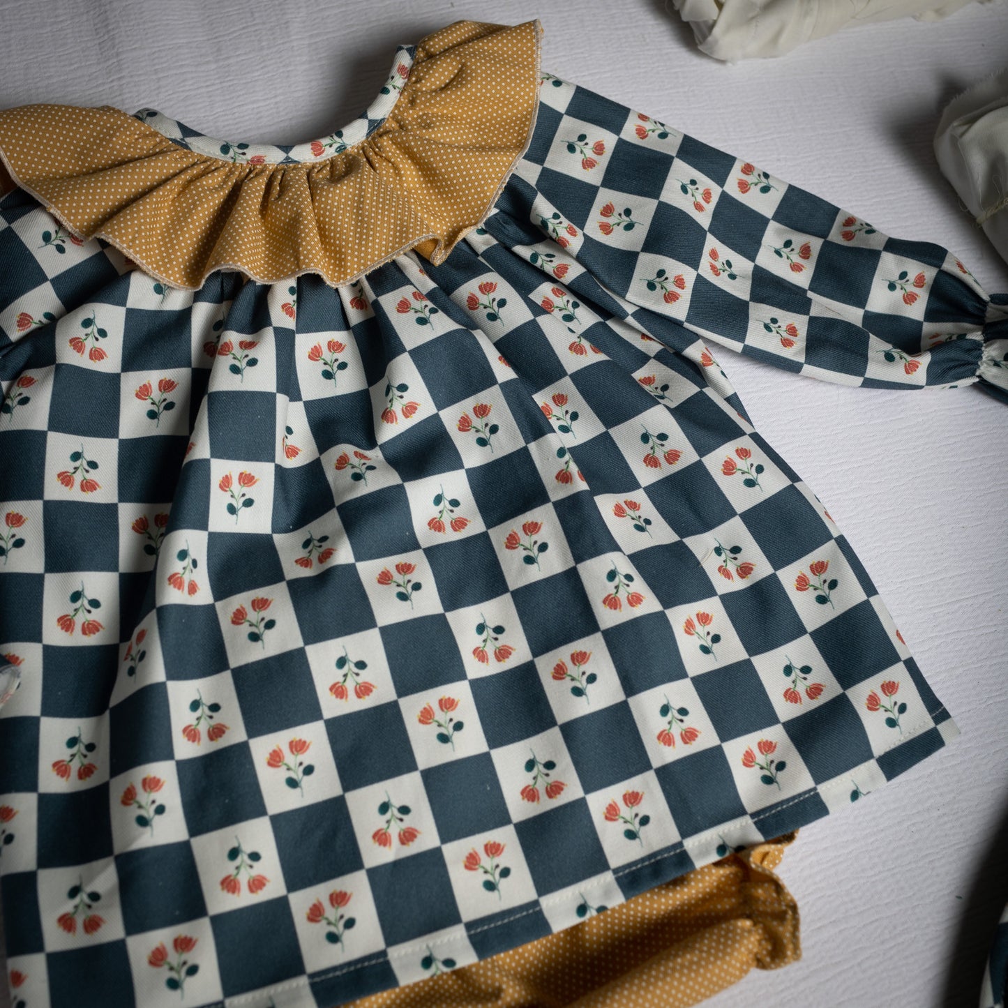 Positano mustard polka dots blouse & bloomer set