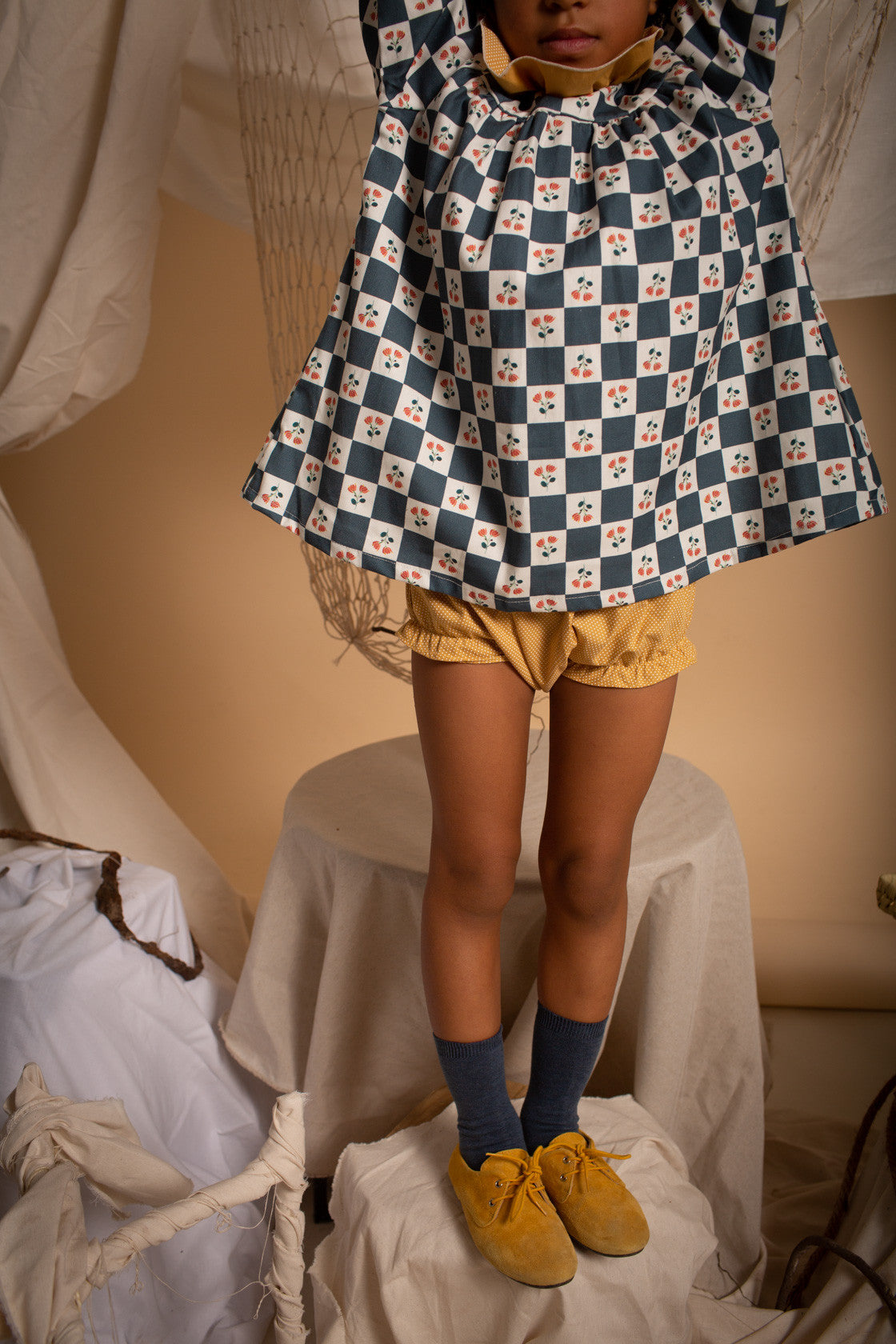 Positano mustard polka dots blouse & bloomer set