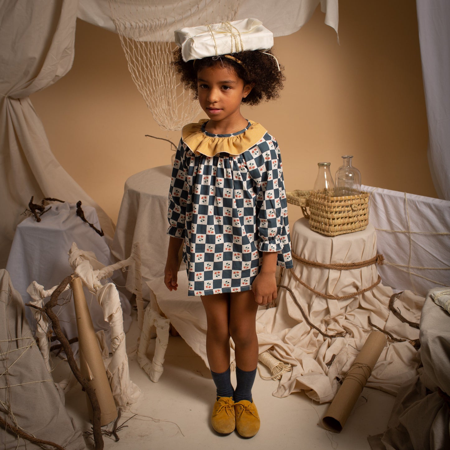 Positano mustard polka dots blouse & bloomer set