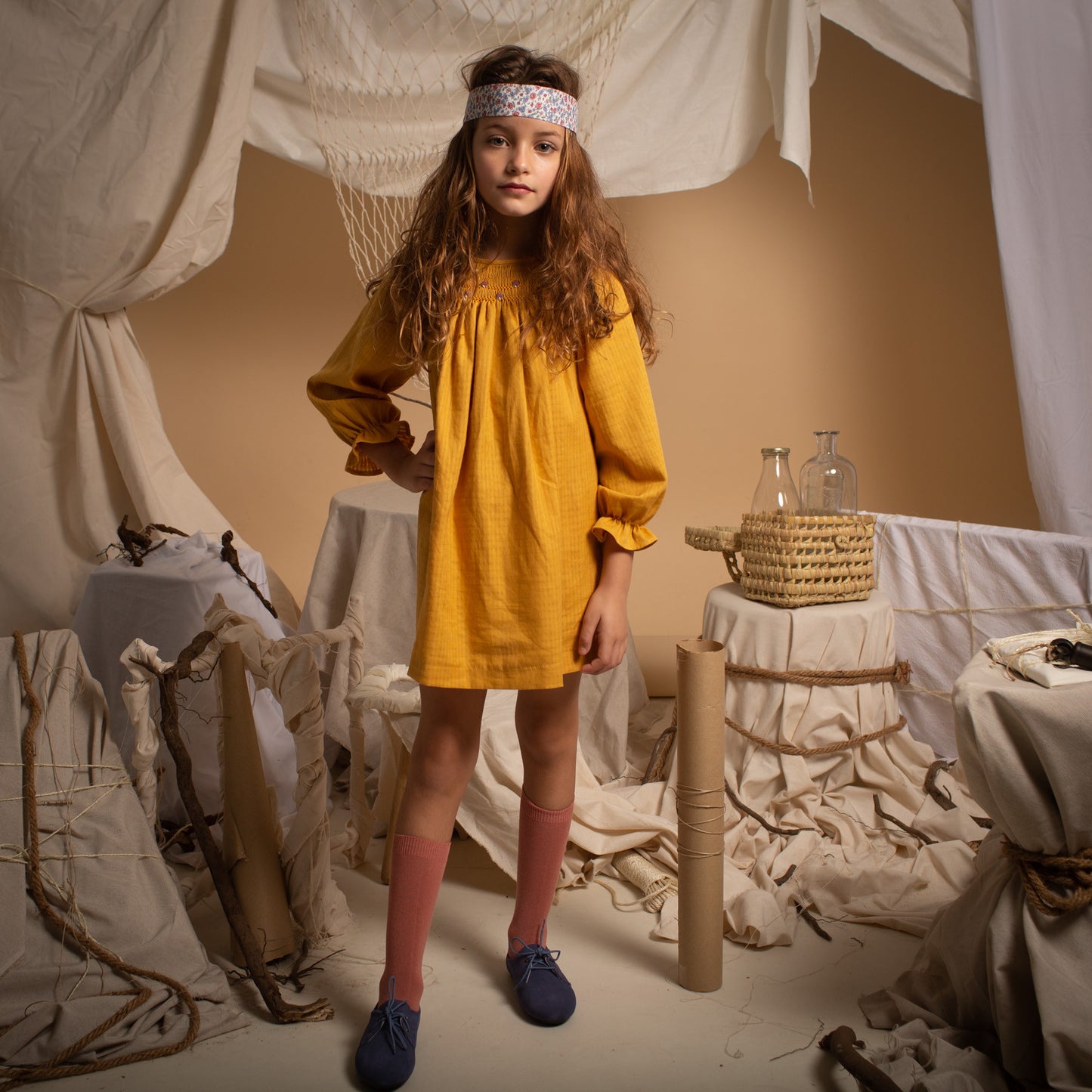 Mustard embroidered smocked dress