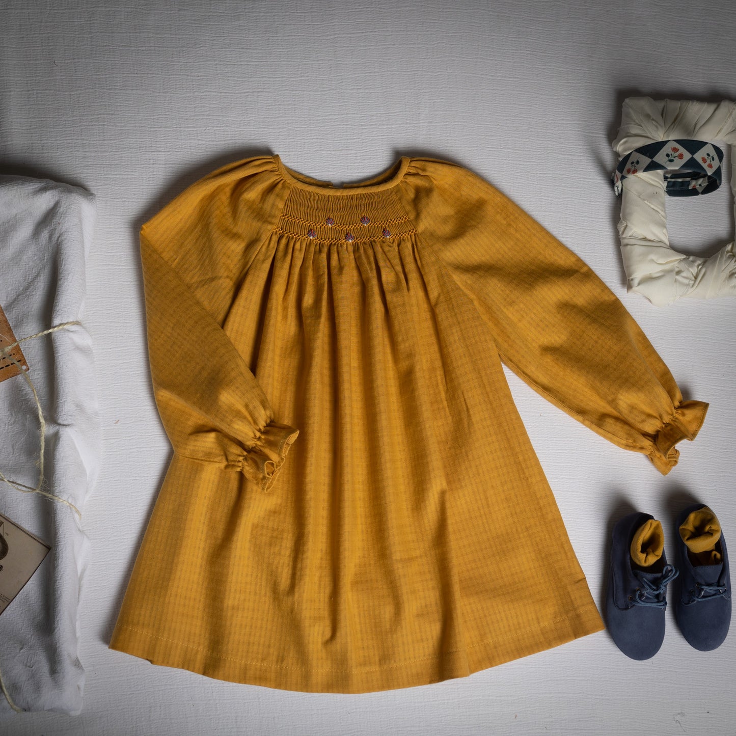 Mustard embroidered smocked dress