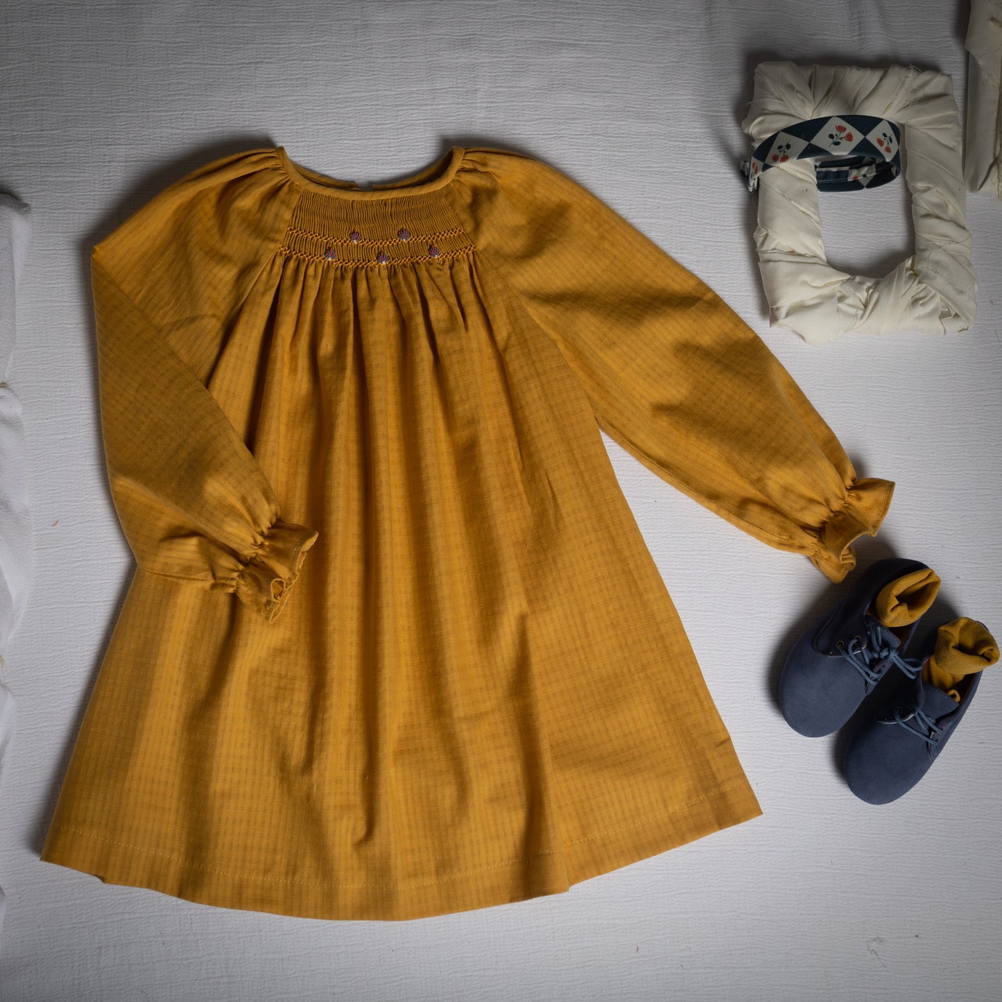Mustard embroidered smocked dress