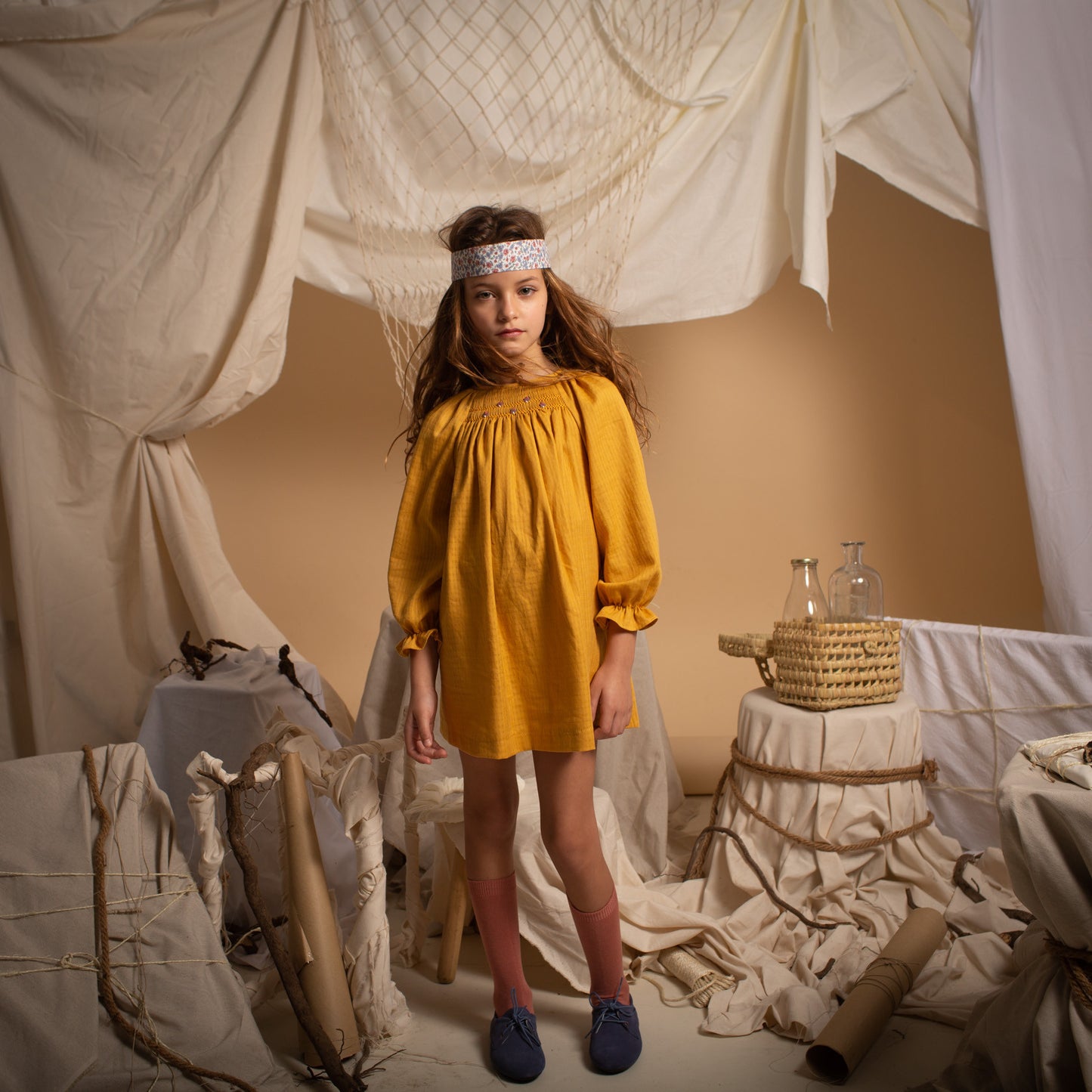 Mustard embroidered smocked dress