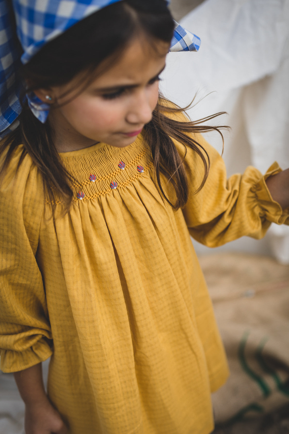 Mustard embroidered smocked dress