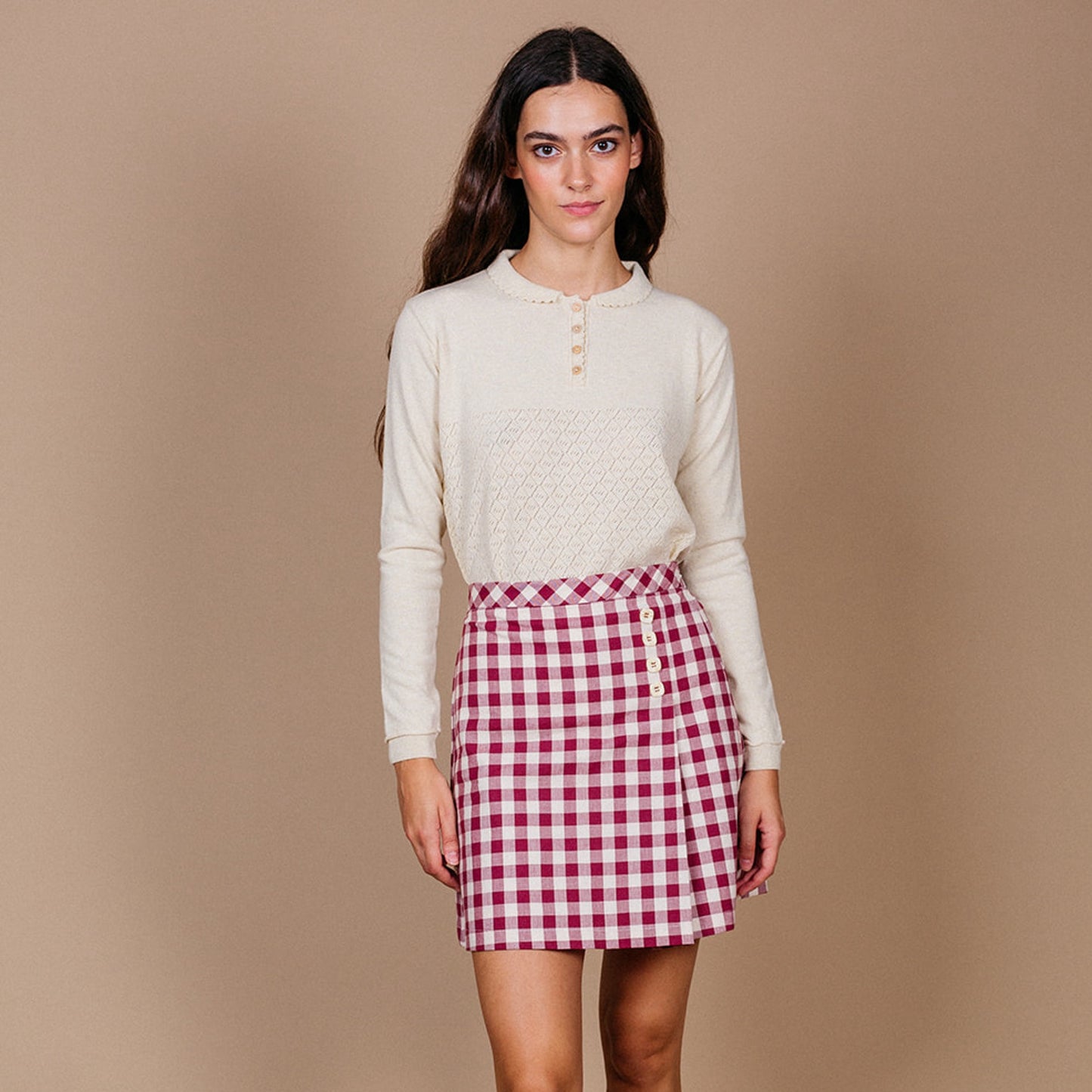 Woman Maroon Gingham mini skirt