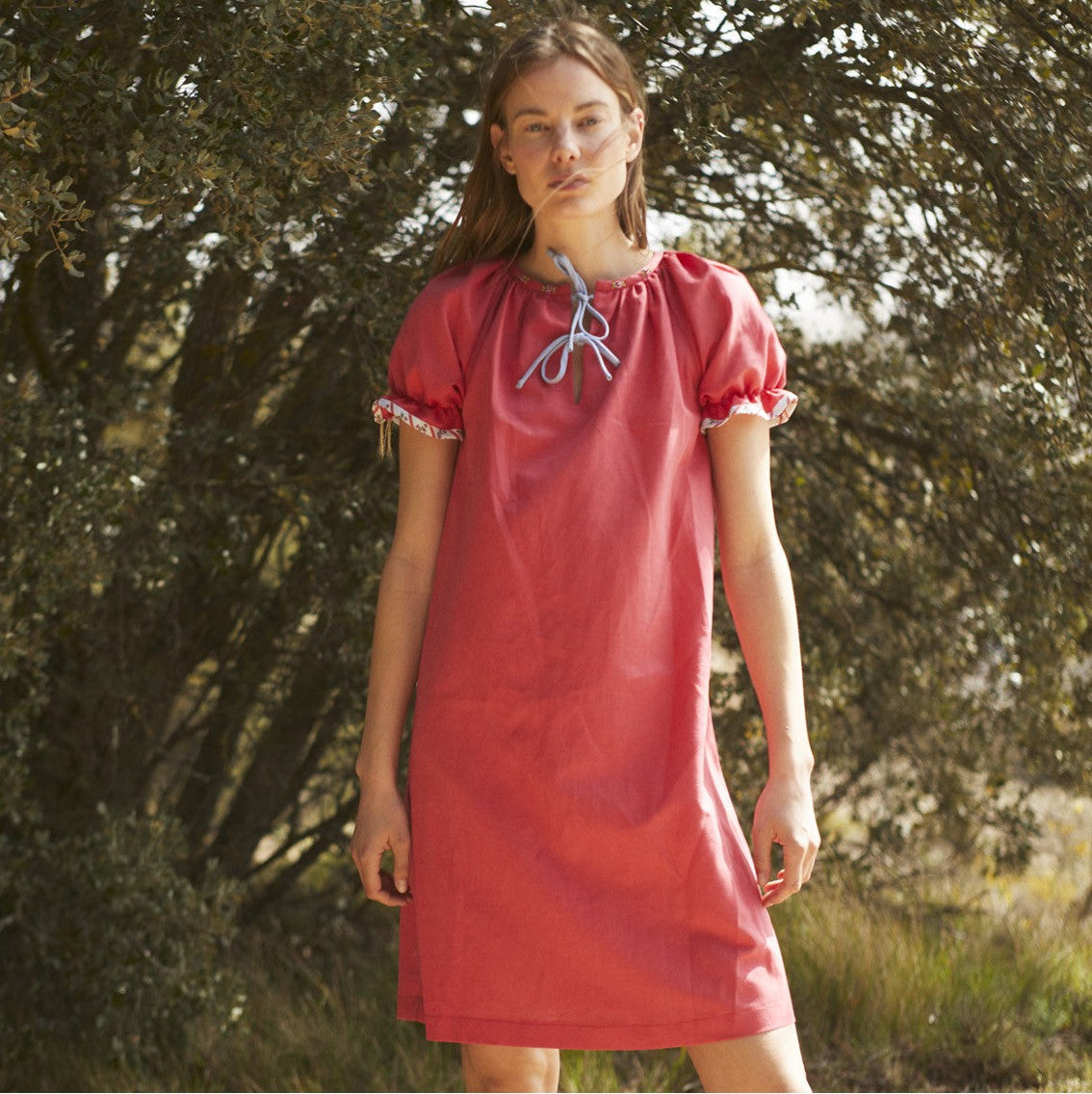 Red linen embroidered Woman dress