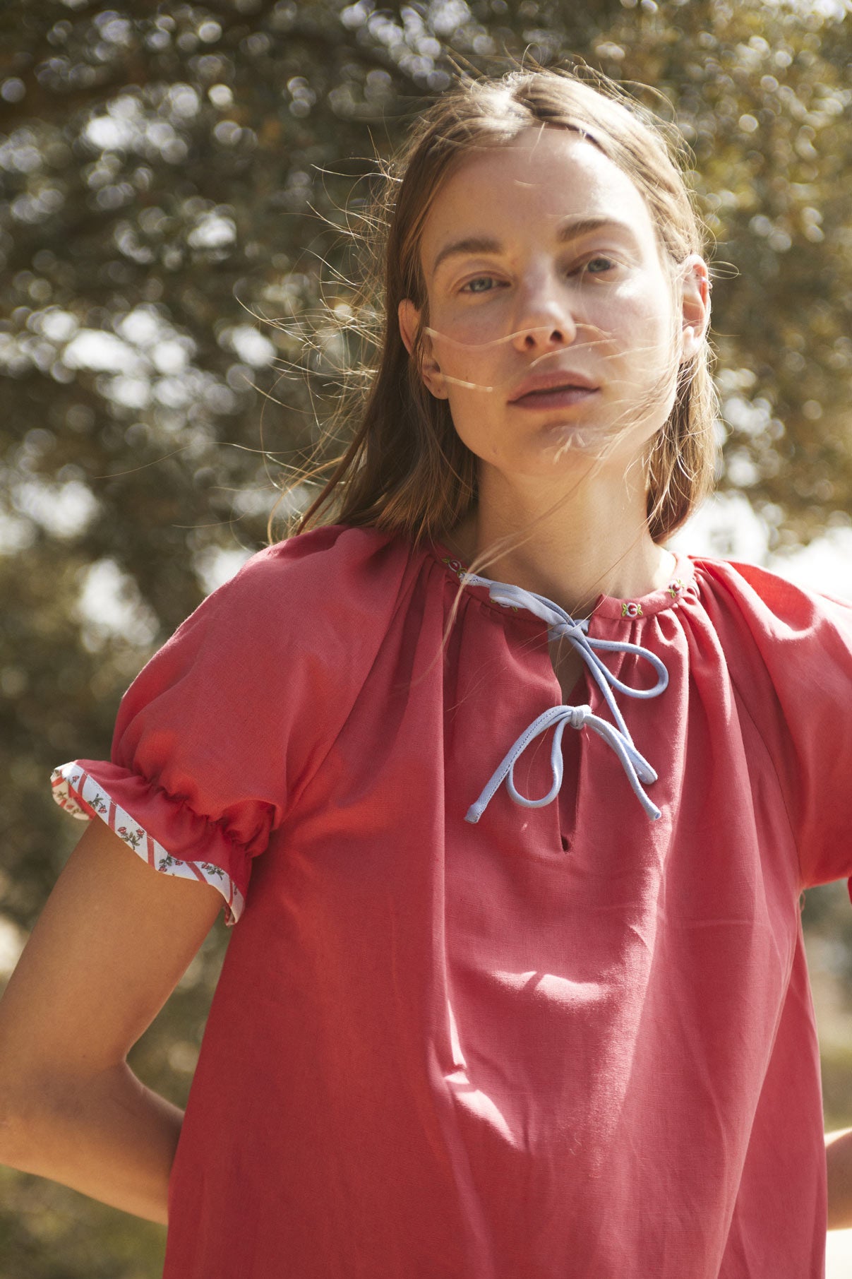 Red linen embroidered Woman dress