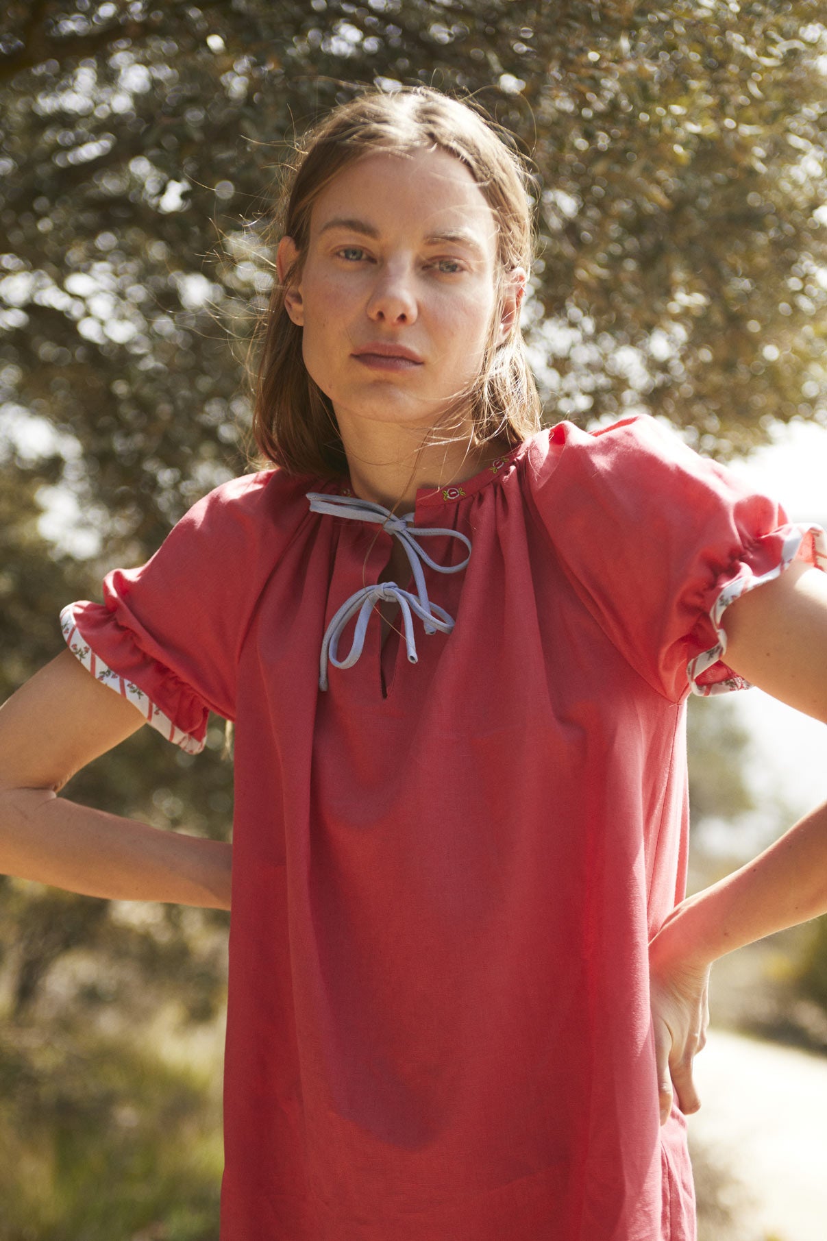 Red linen embroidered Woman dress