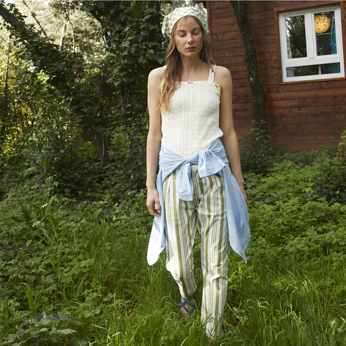 Pistachio stripe denim pleated Woman trousers