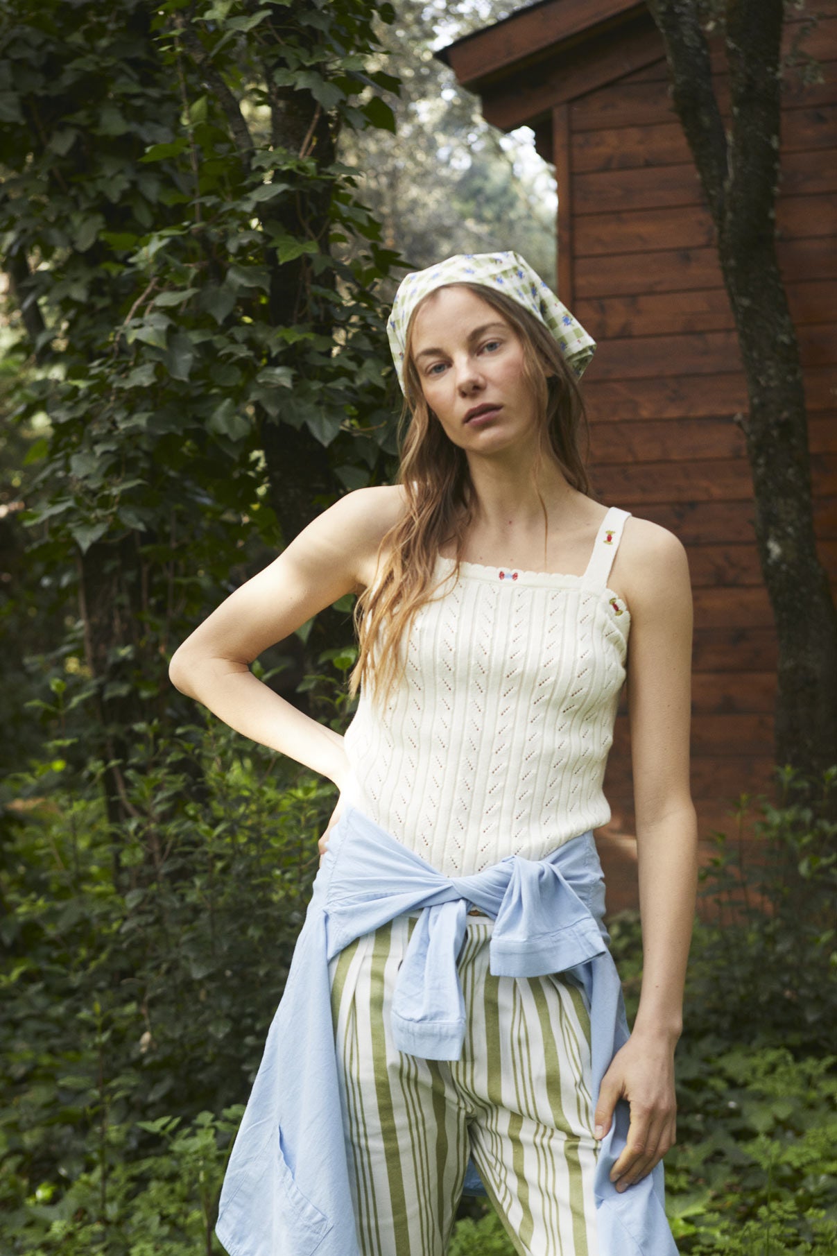 Pistachio stripe denim pleated Woman trousers
