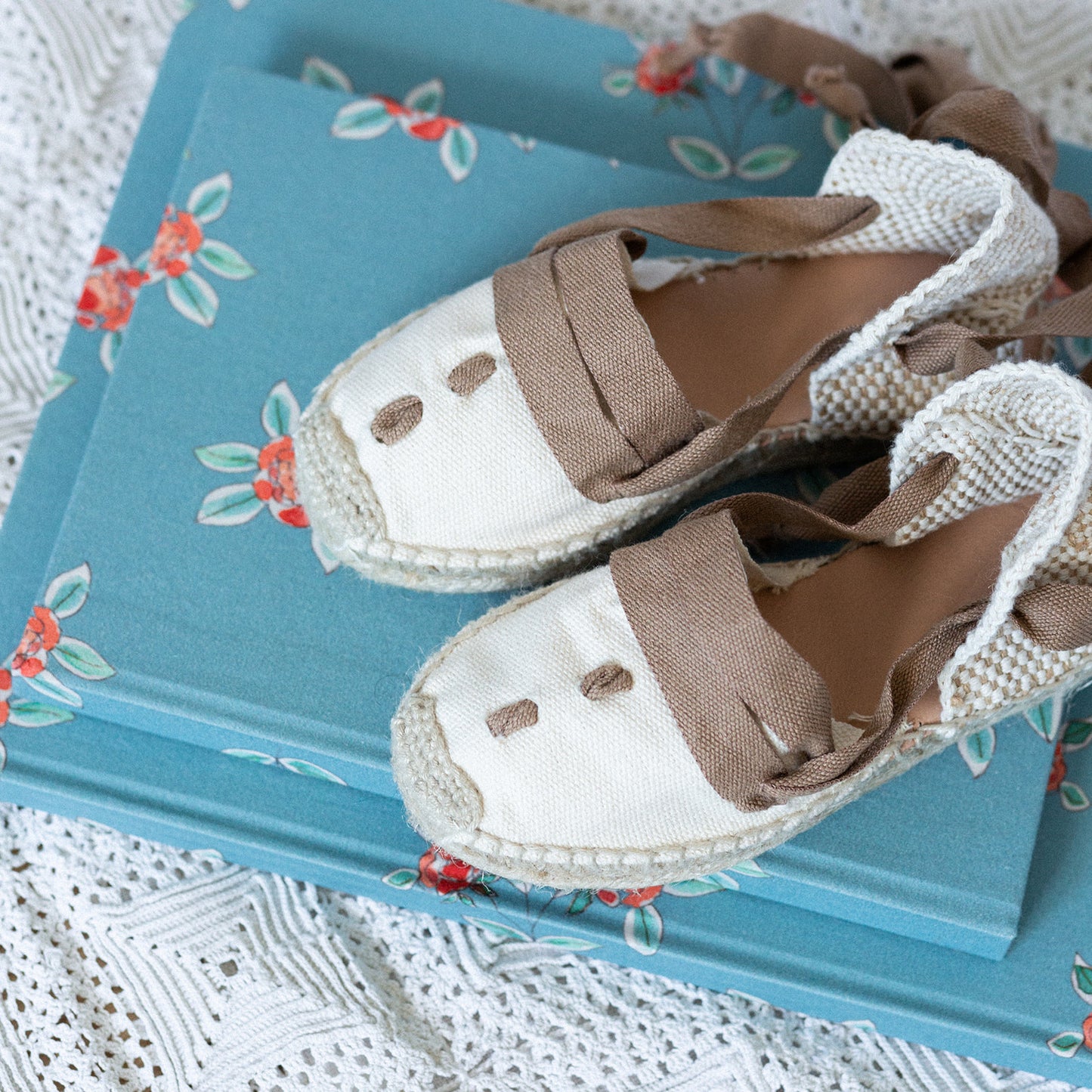 Espardilles with tan ribbon