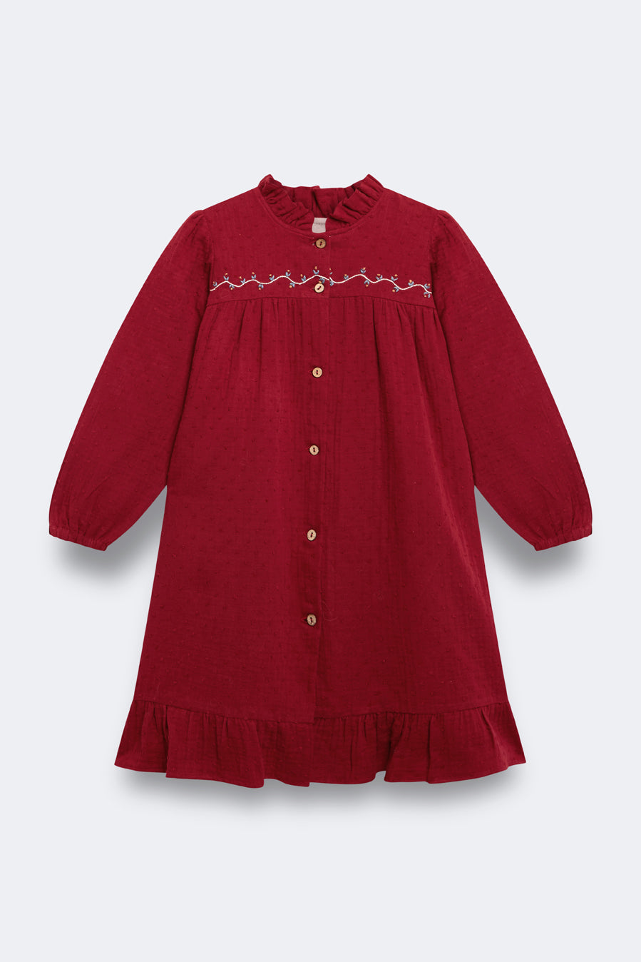Vestido bordado plumeti granate niña