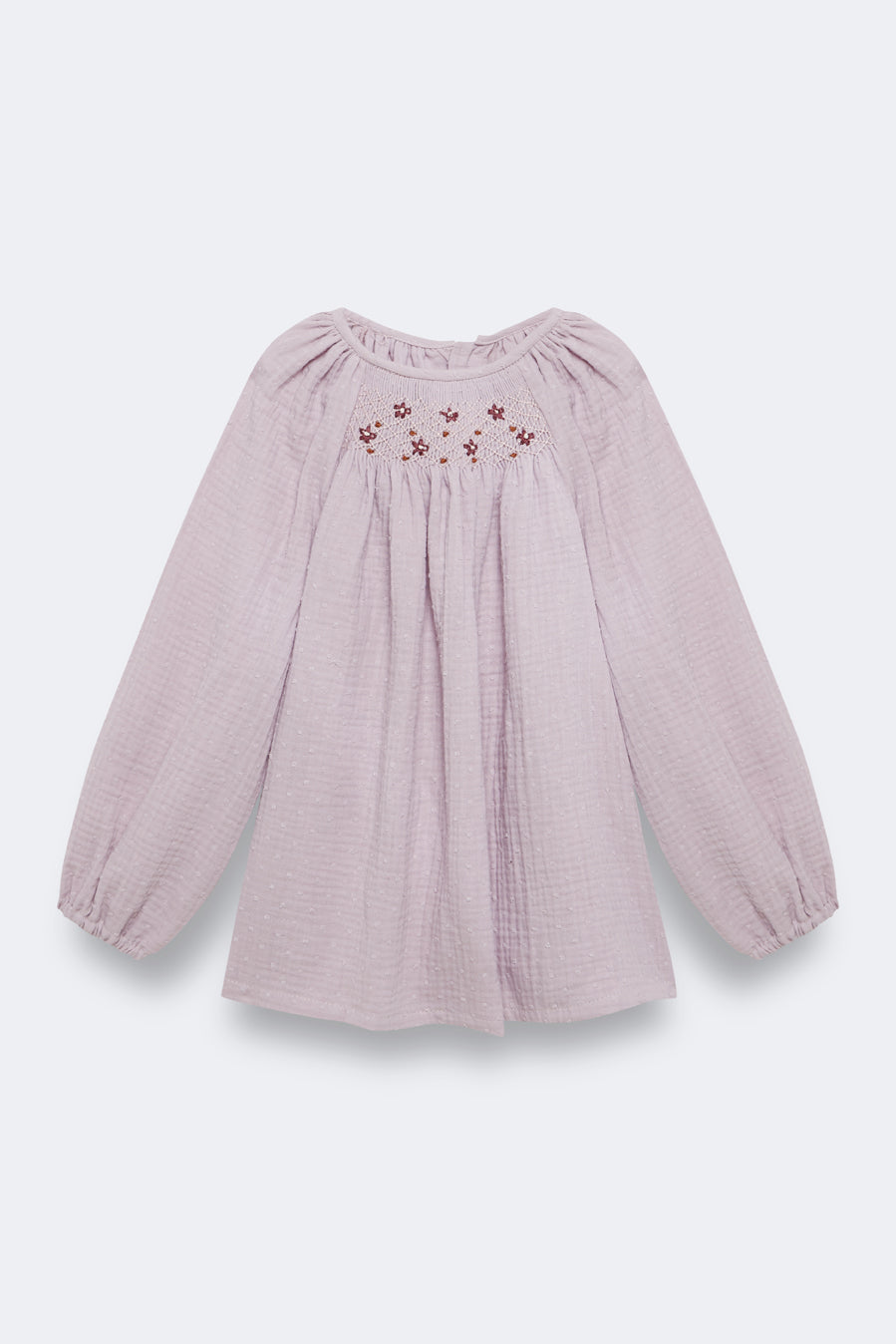Blusón bordado nidos plumeti malva niña