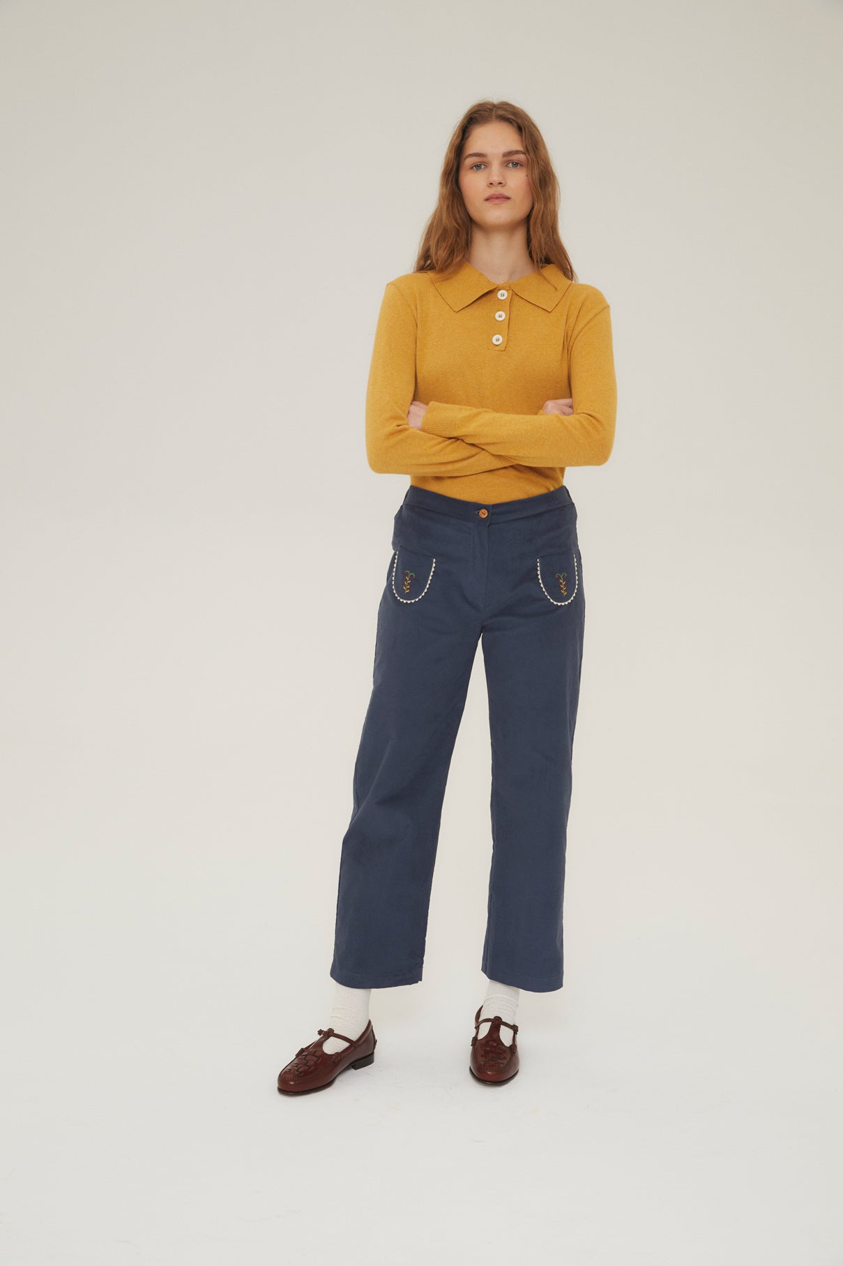 Women's velvet bell-bottom trousers Cobalt blue embroidery