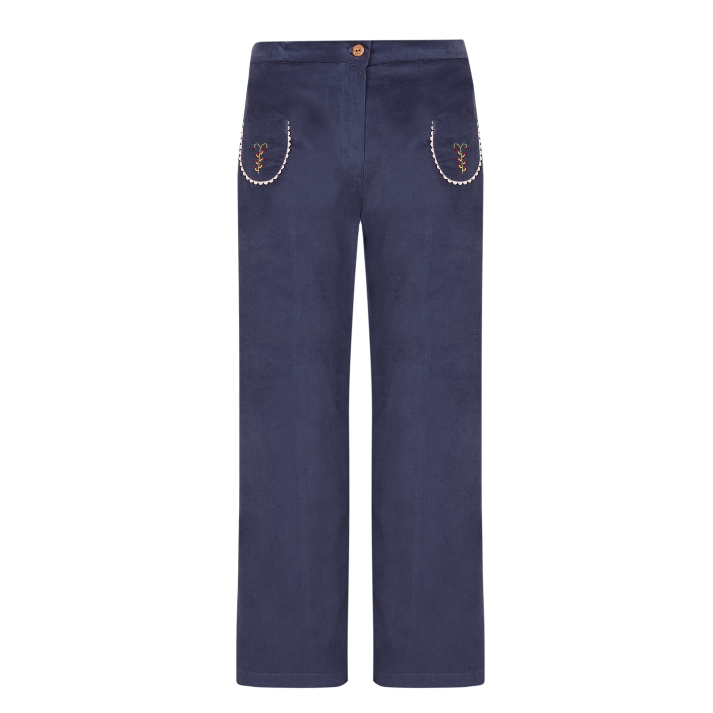 Women's velvet bell-bottom trousers Cobalt blue embroidery