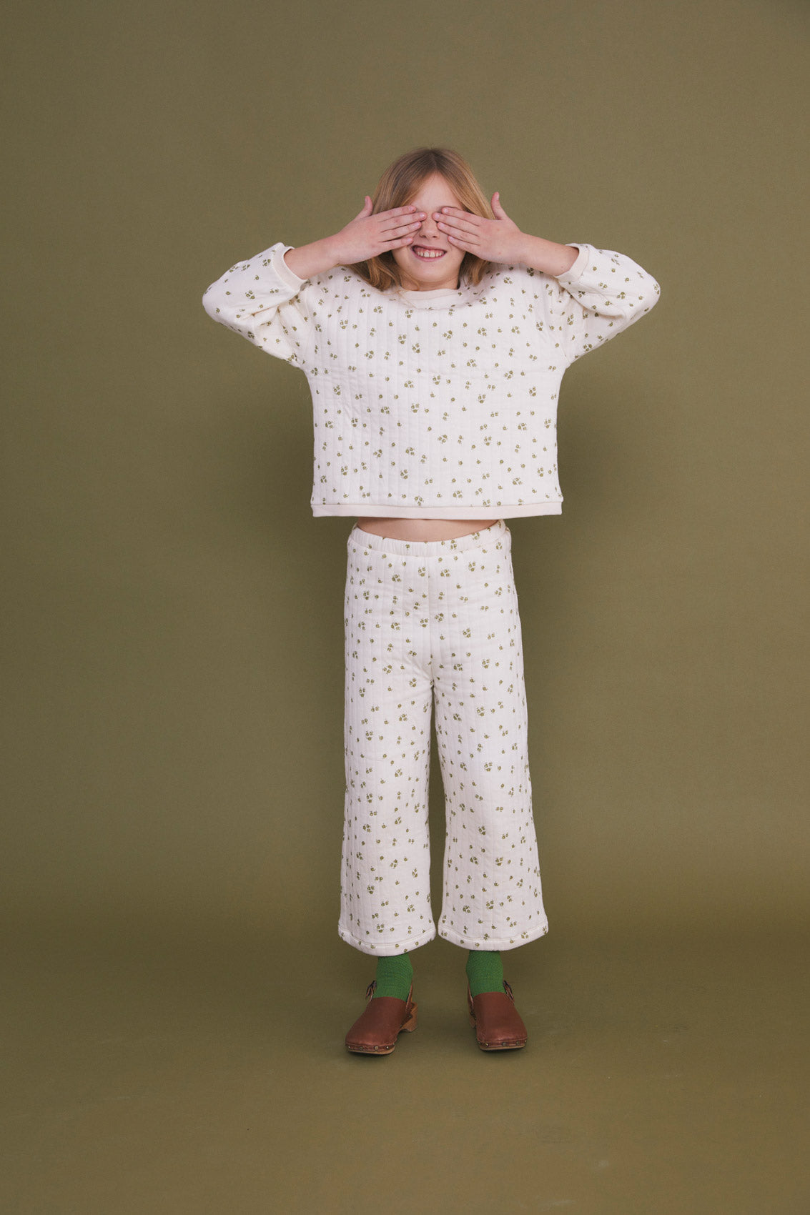 Green Antique flower quilted kids culotte