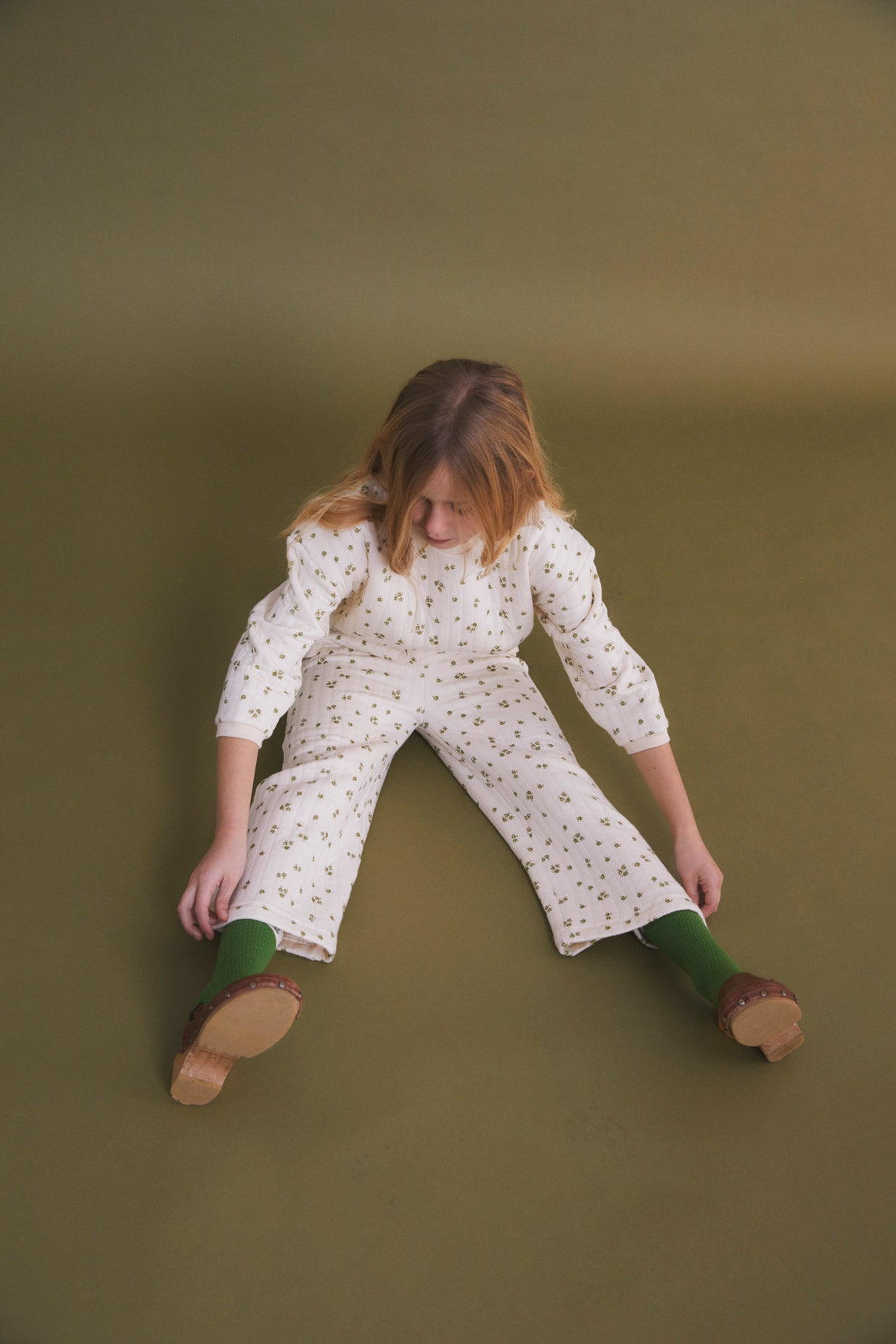 Green Antique flower quilted kids culotte