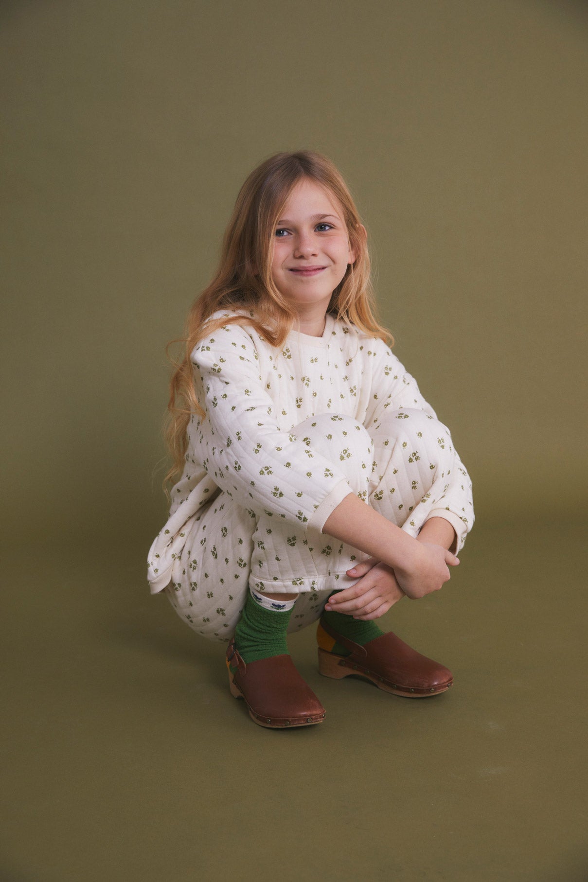 Green Antique flower quilted kids hoodie