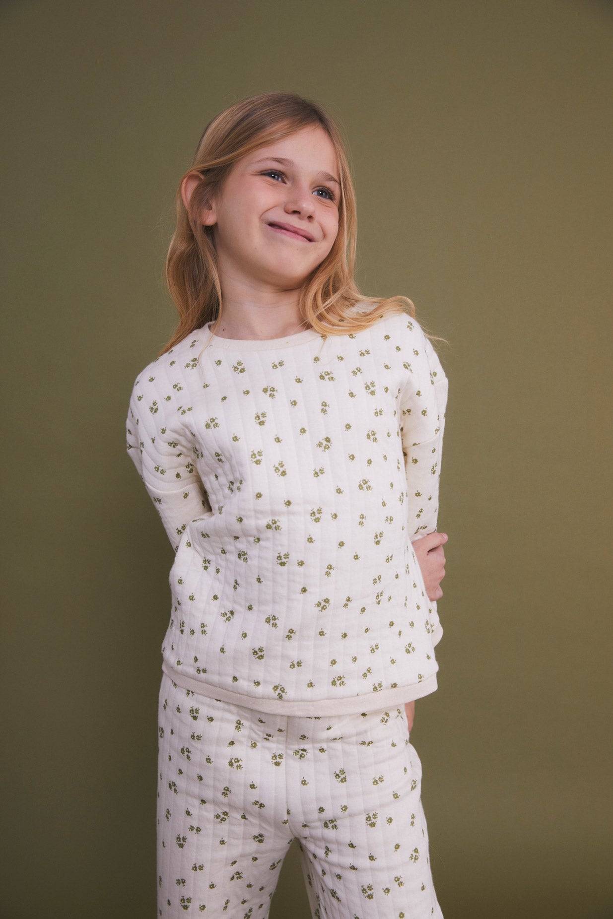 Green Antique flower quilted kids hoodie