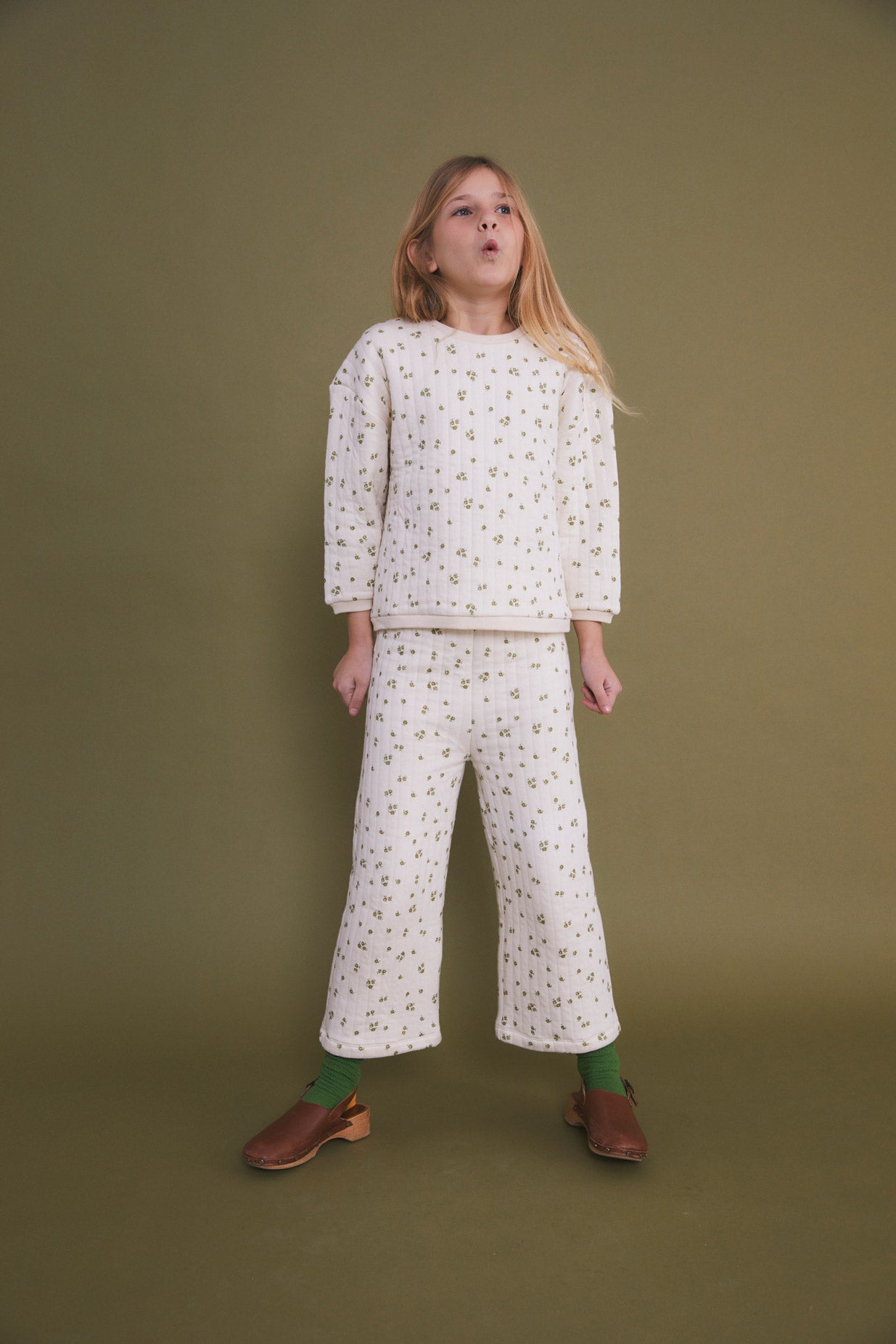 Green Antique flower quilted kids hoodie