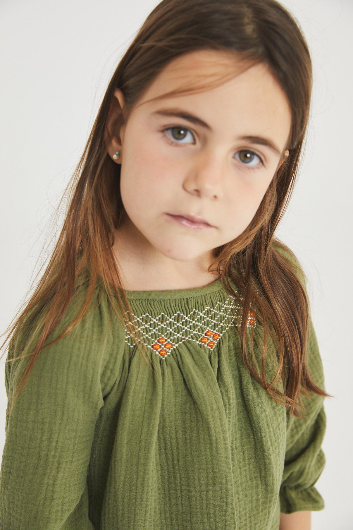 Green Antique bambula smocked blouse kid