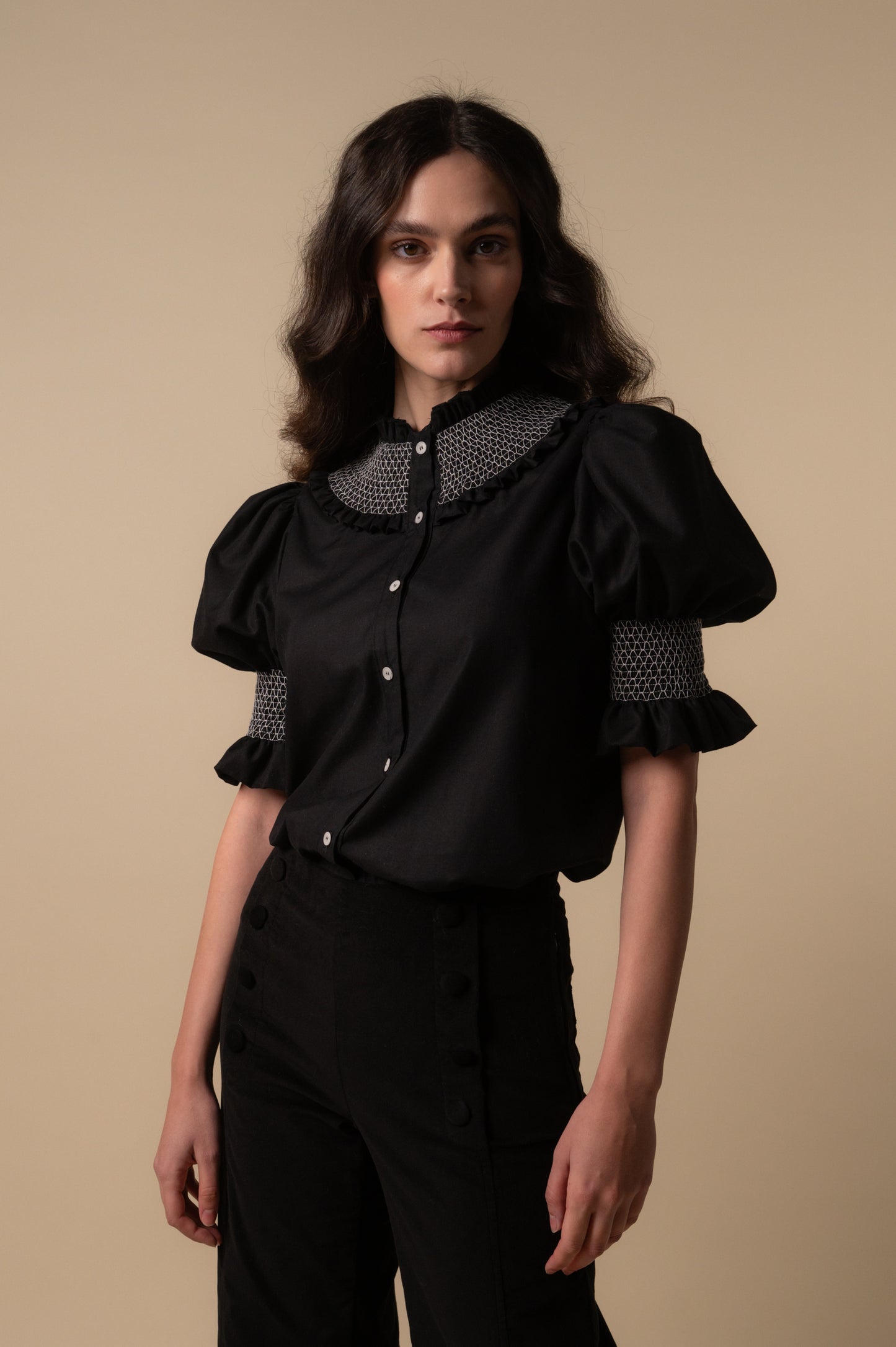 Woman Black smocked blouse