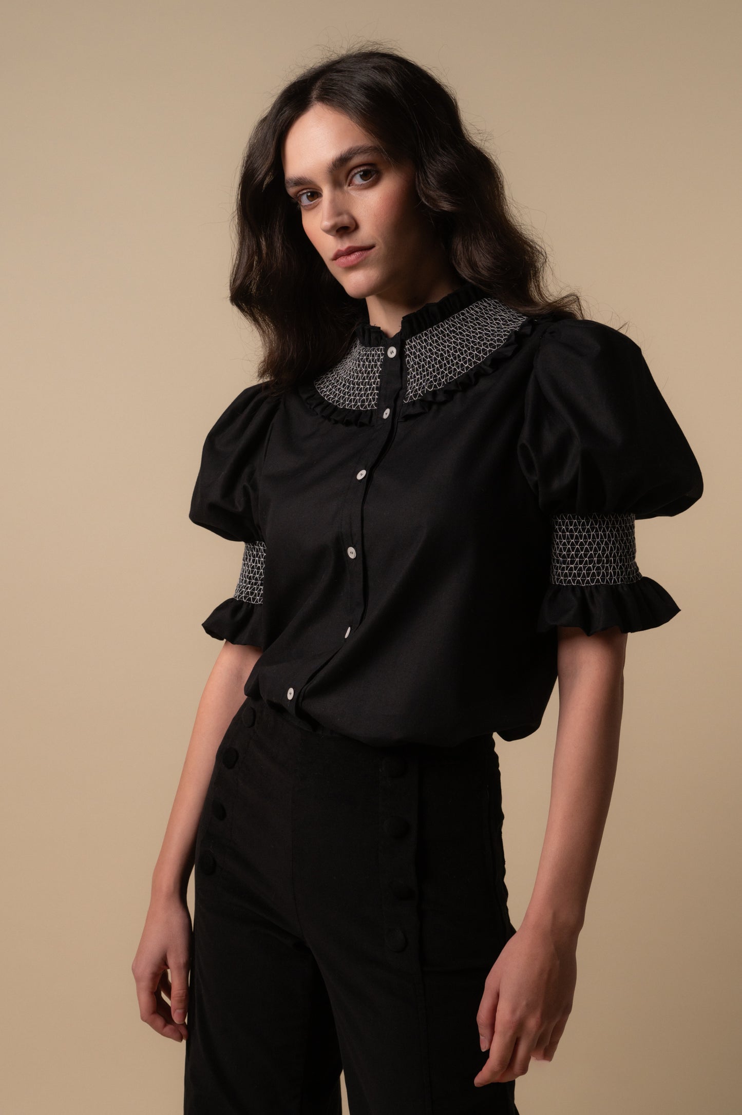 Woman Black smocked blouse