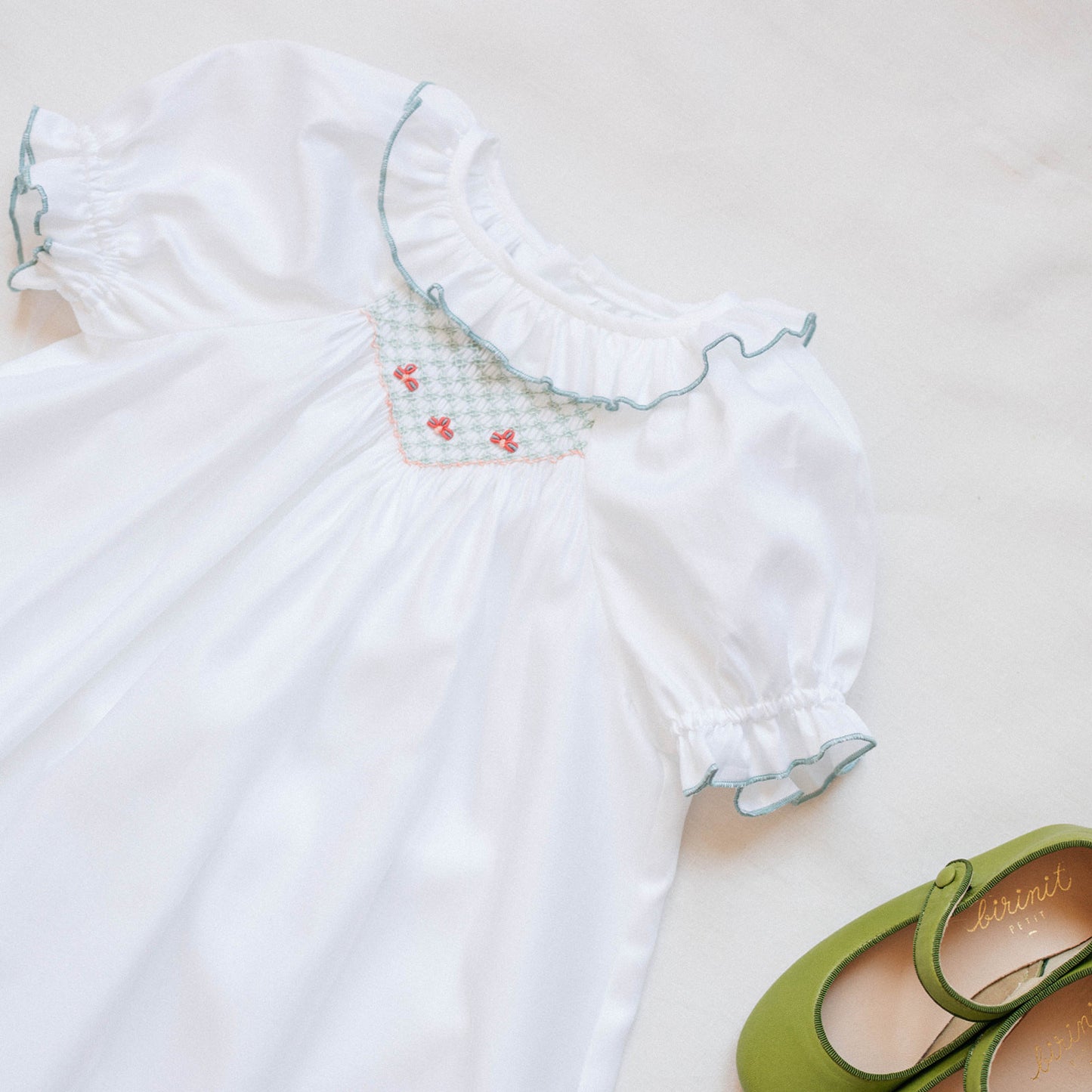 Embroidered smocked short sleeve dress