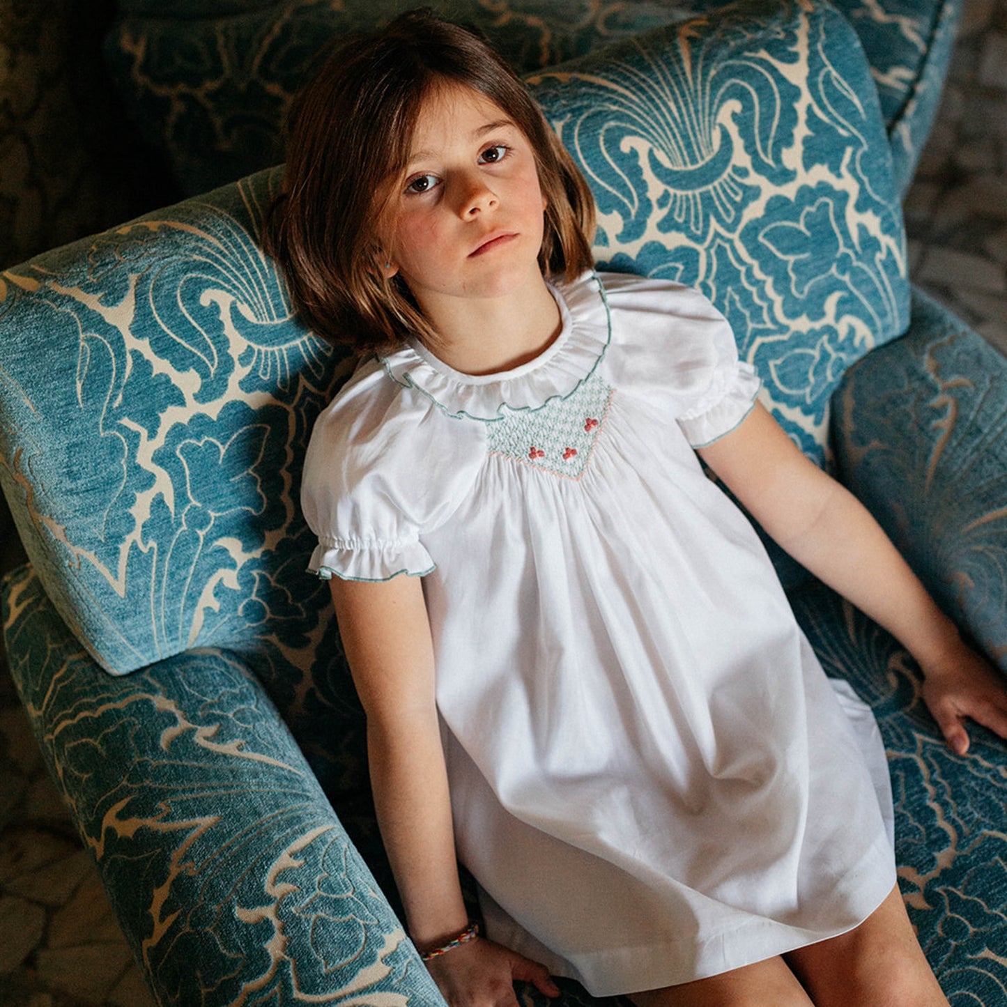 Embroidered smocked short sleeve dress