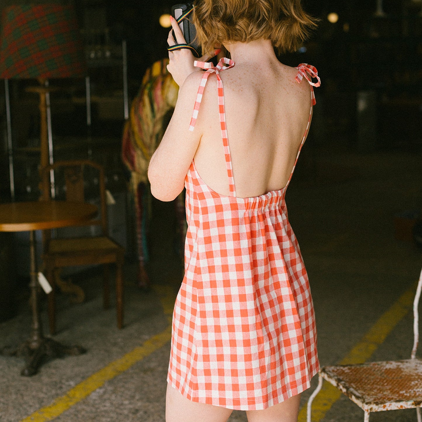 Big red Gingham woman strap dress