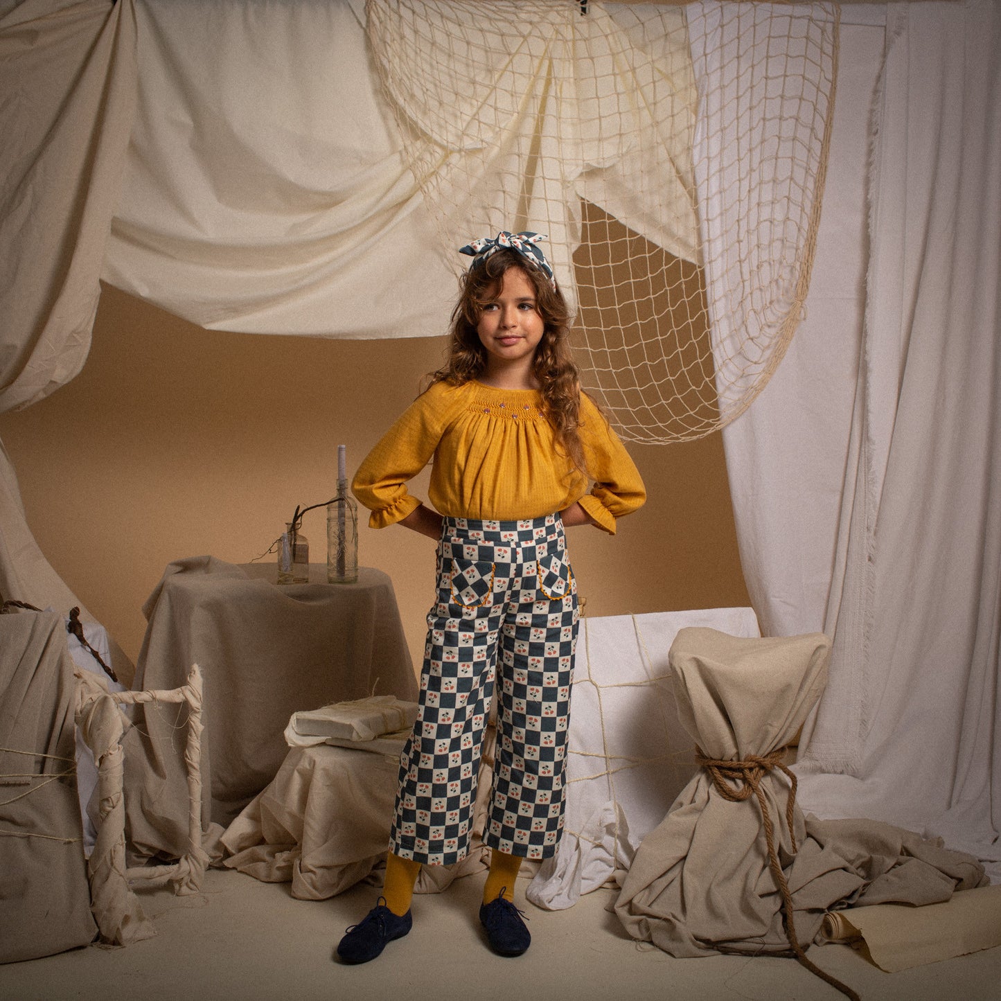 Mustard embroidered smocked blouse