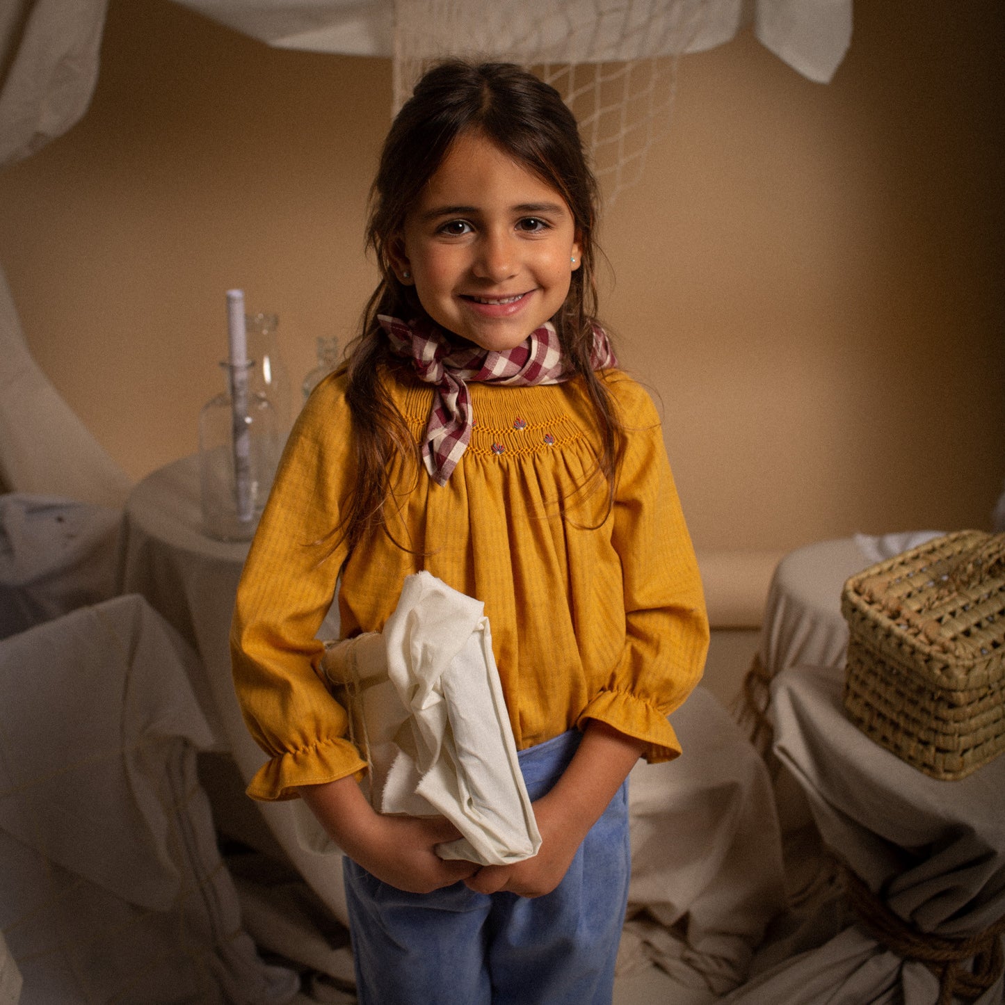 Mustard embroidered smocked blouse