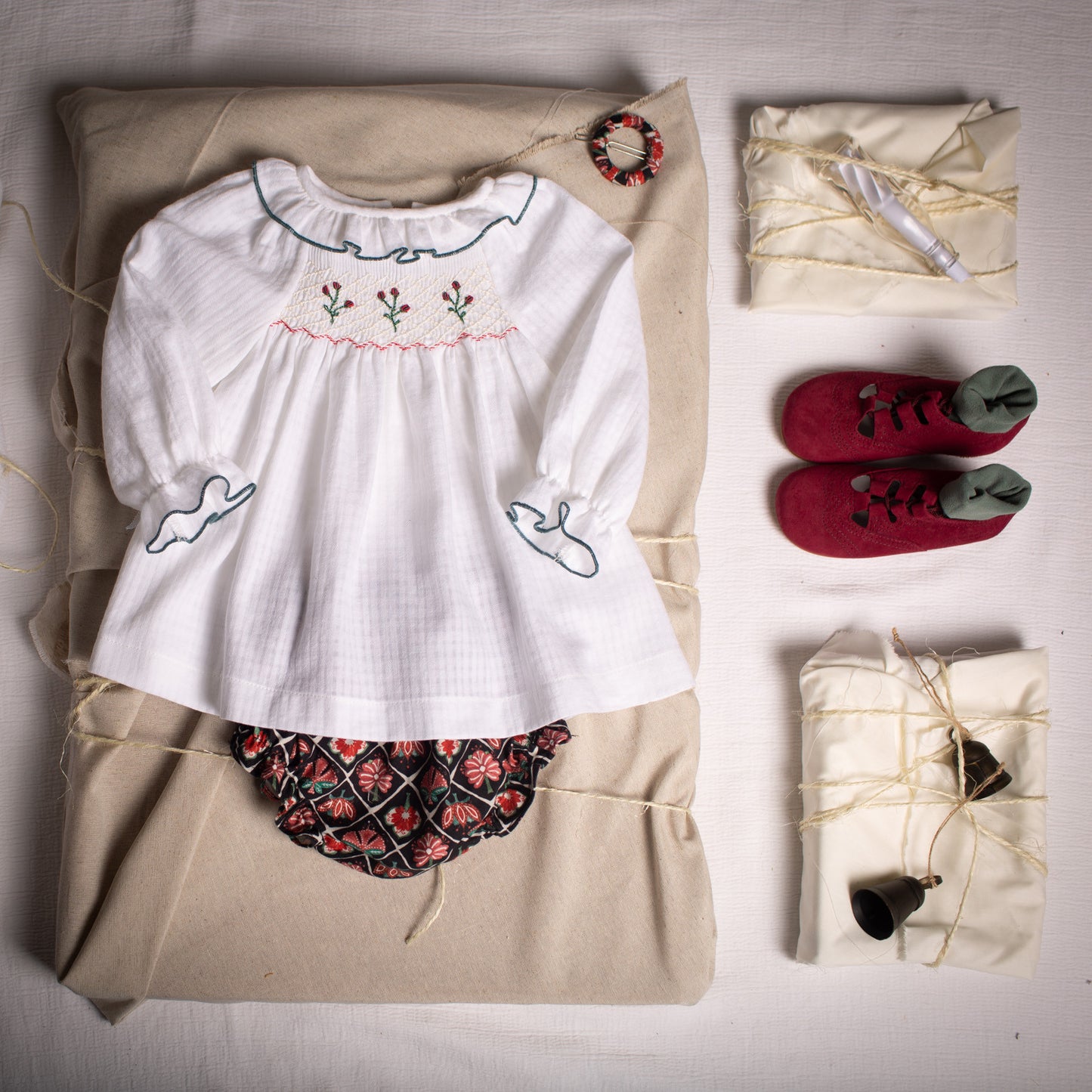 Milos embroidered smocked blouse & bloomer set