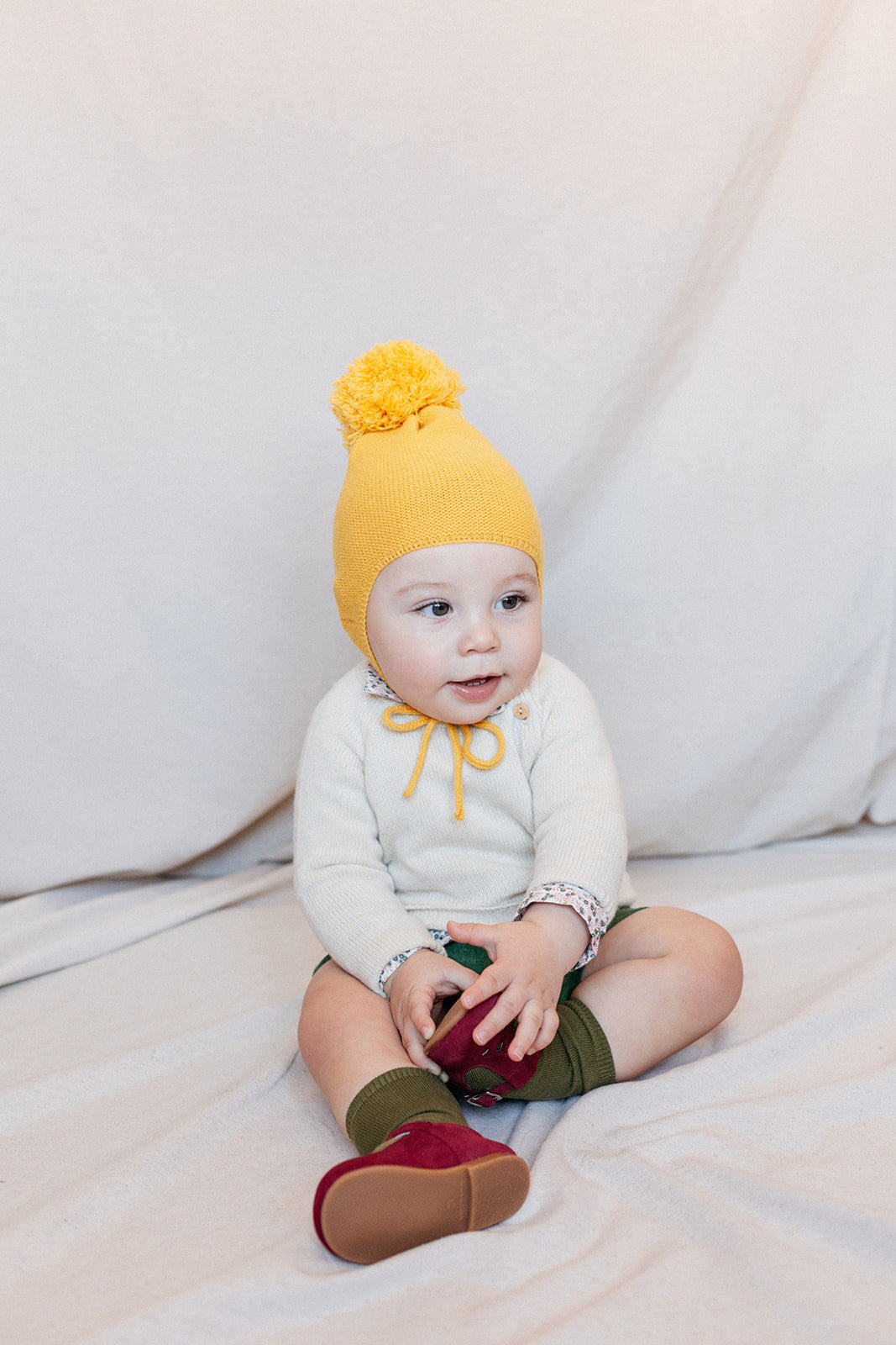 Mustard pompom bonnet