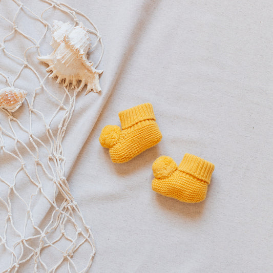 Mustard pompom booties