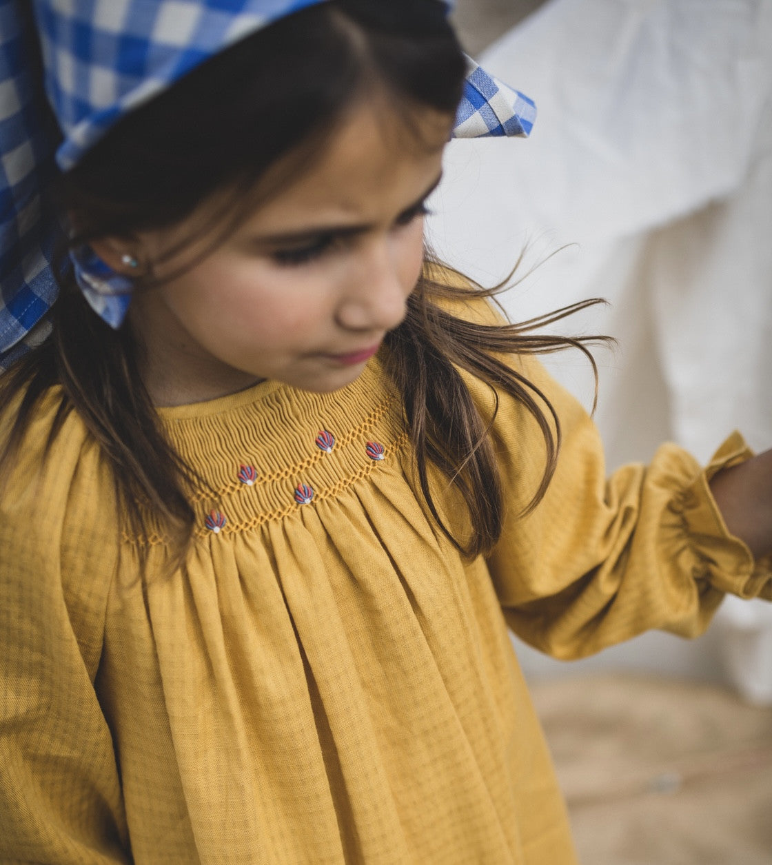 Mustard embroidered smocked blouse