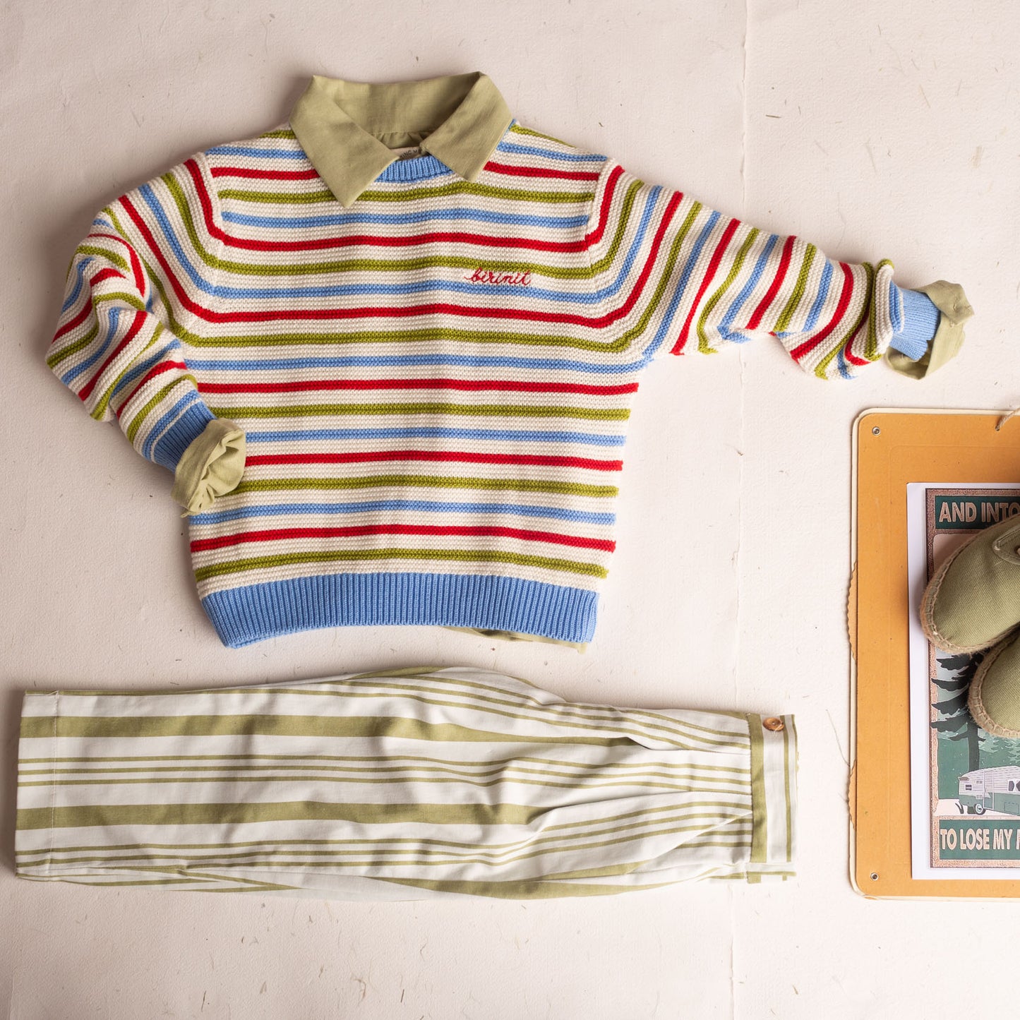 Pistachio stripe denim pleated trousers