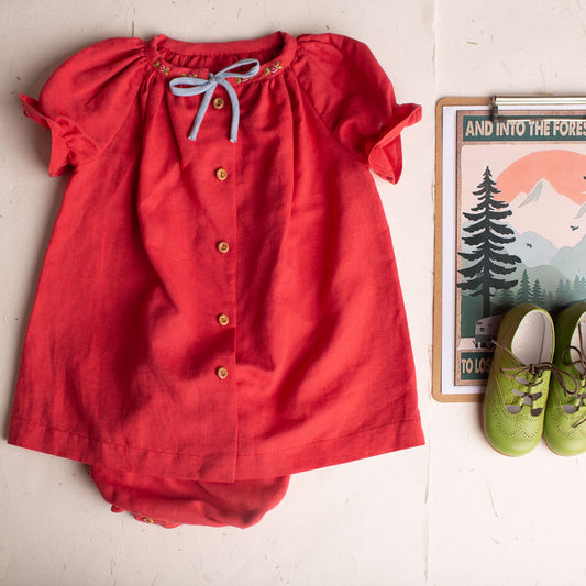 Red linen embroidered blouse and bloomer set