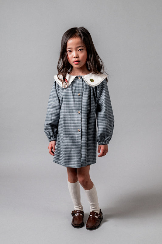 Vestido bordado vichy índigo niña