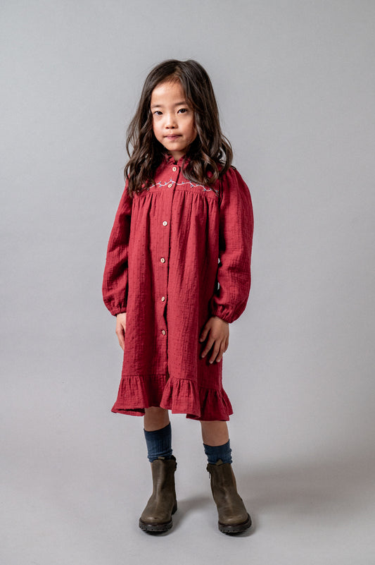 Vestido bordado plumeti granate niña