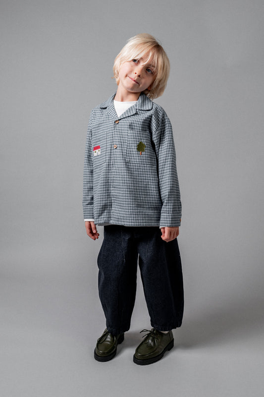 Camisa solapas bordada vichy índigo niño