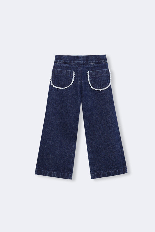 Pantalón largo denim bolsillos puntilla bebé