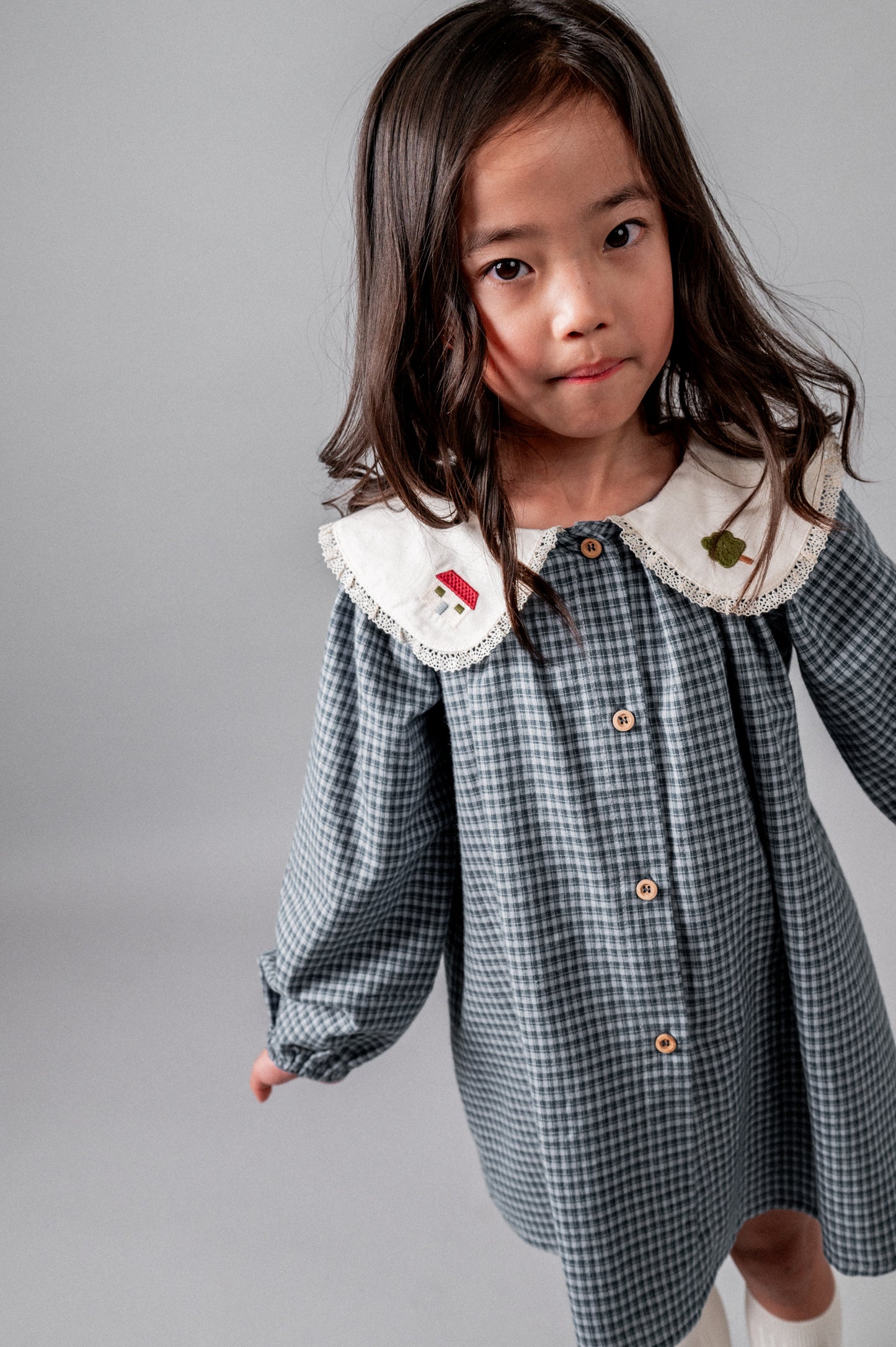 Vestido bordado vichy índigo niña