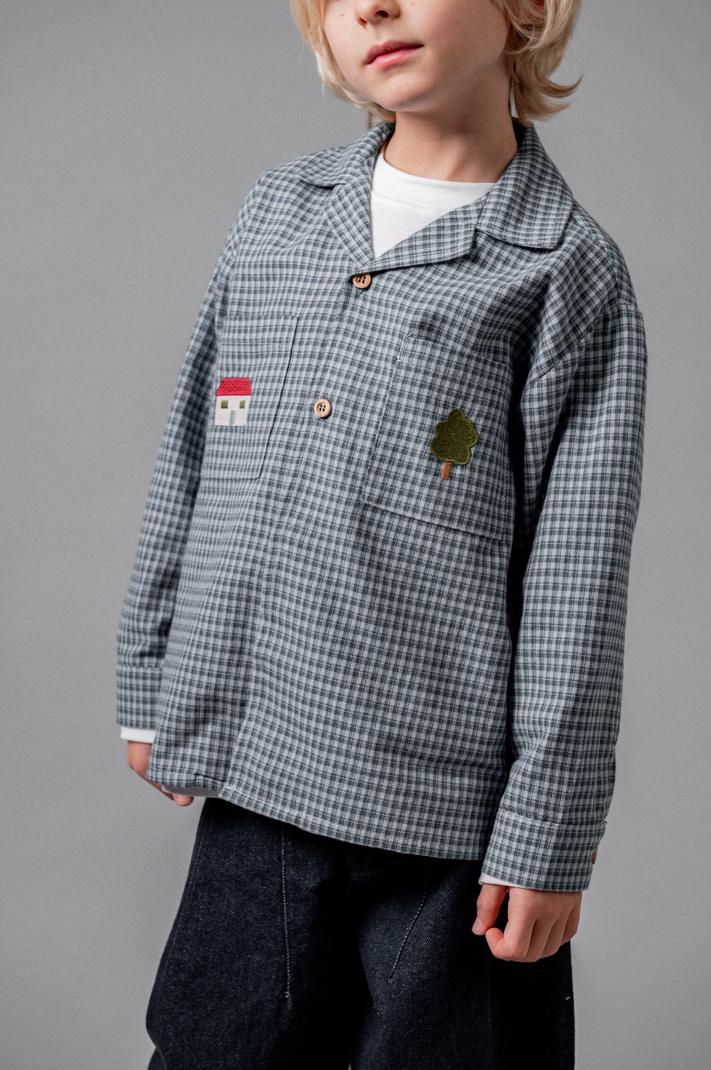 Camisa solapas bordada vichy índigo niño