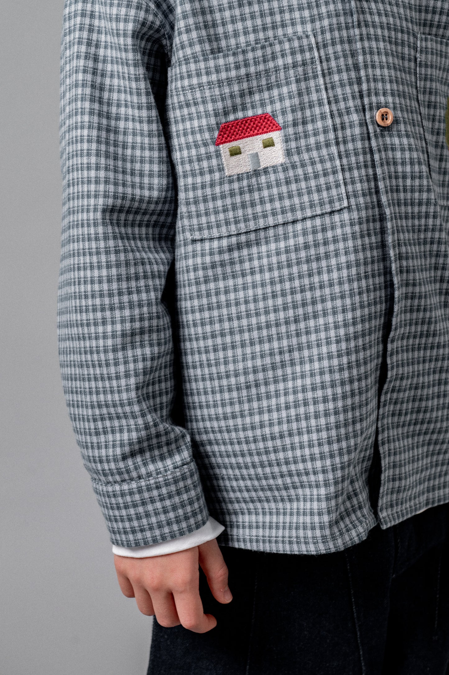 Camisa solapas bordada vichy índigo niño