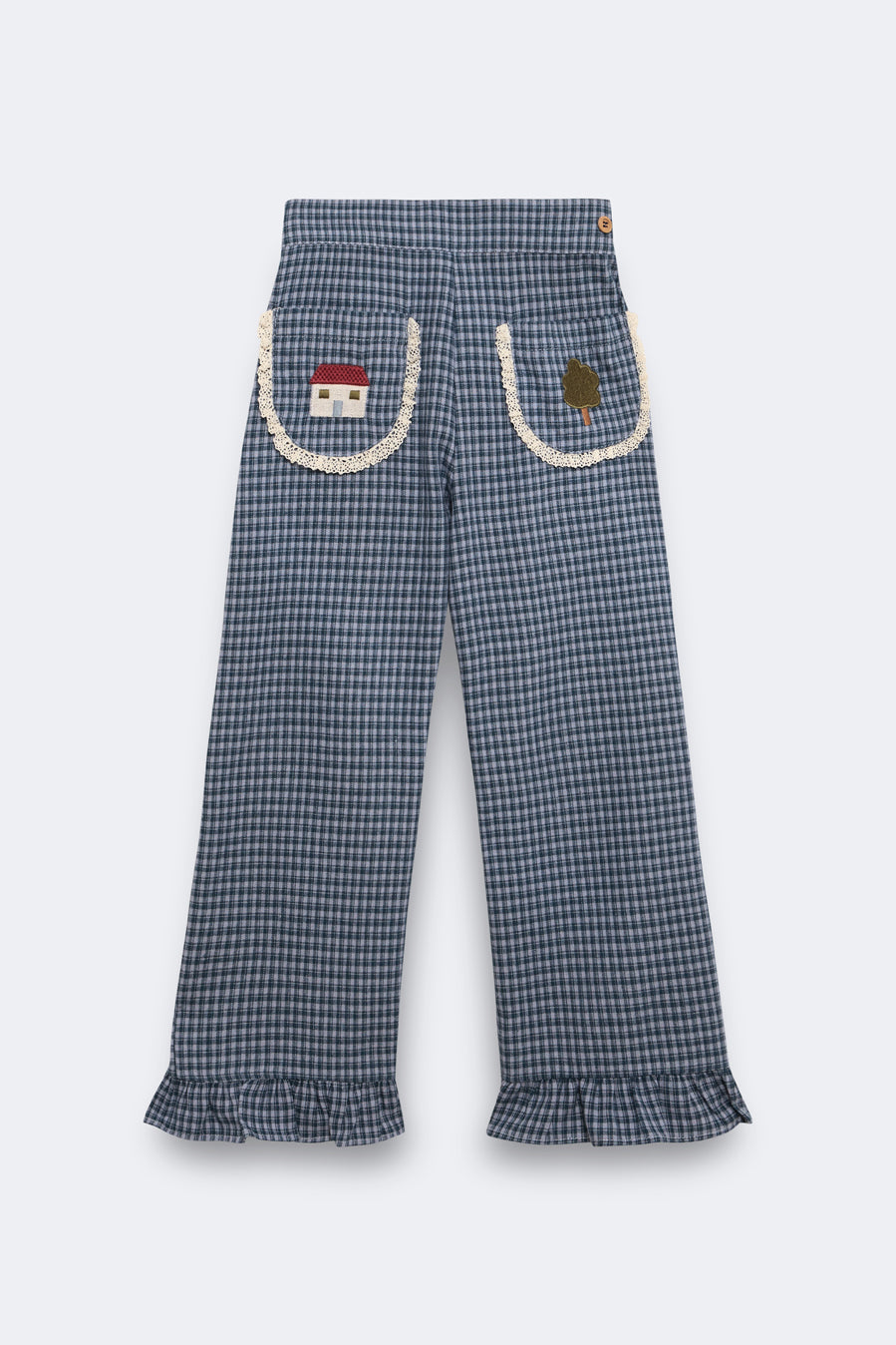Pantalón largo bordado vichy índigo niña