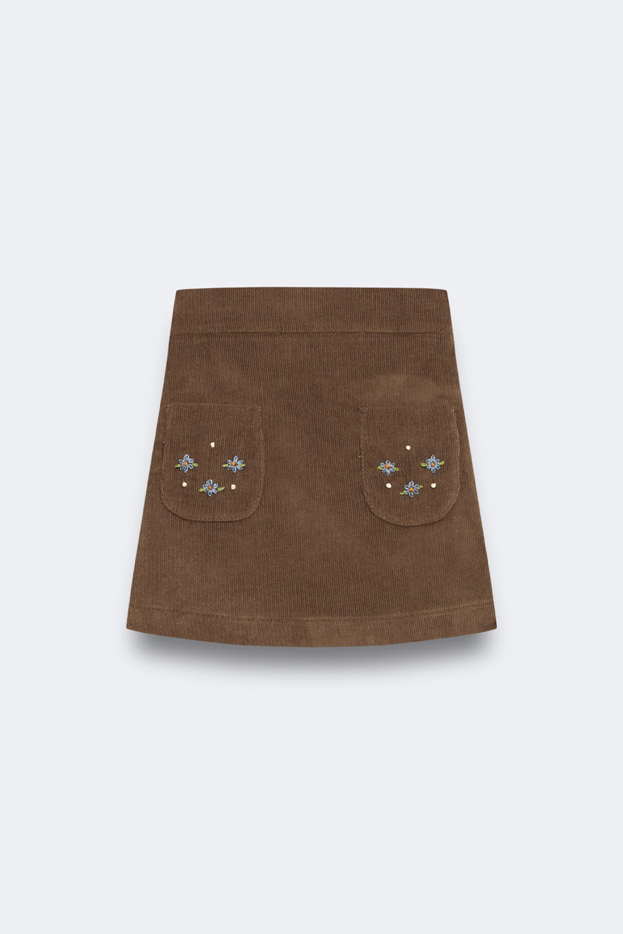 Mini falda bordada pana khaki niña