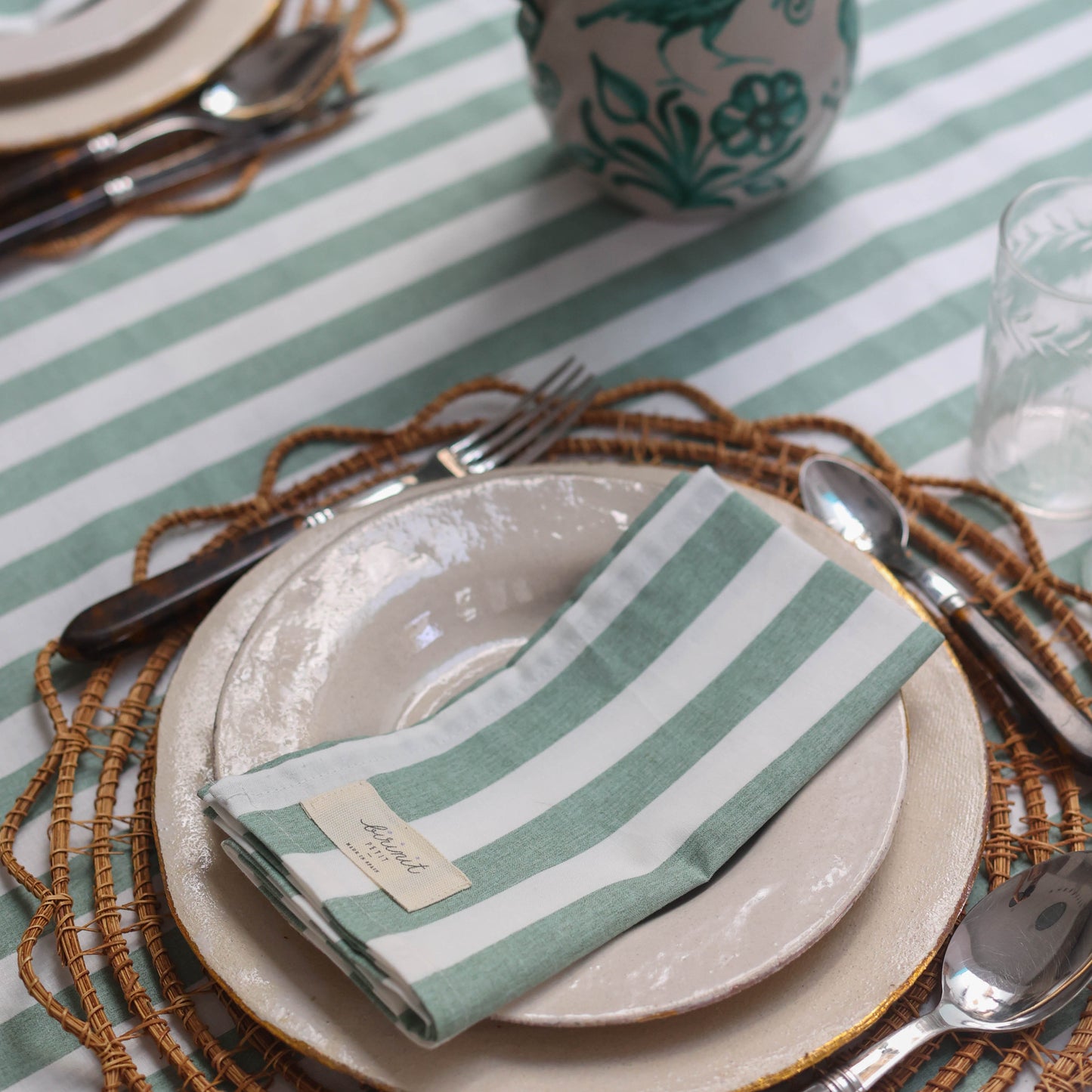 Green stripe tablecloth with ruffle Jackie