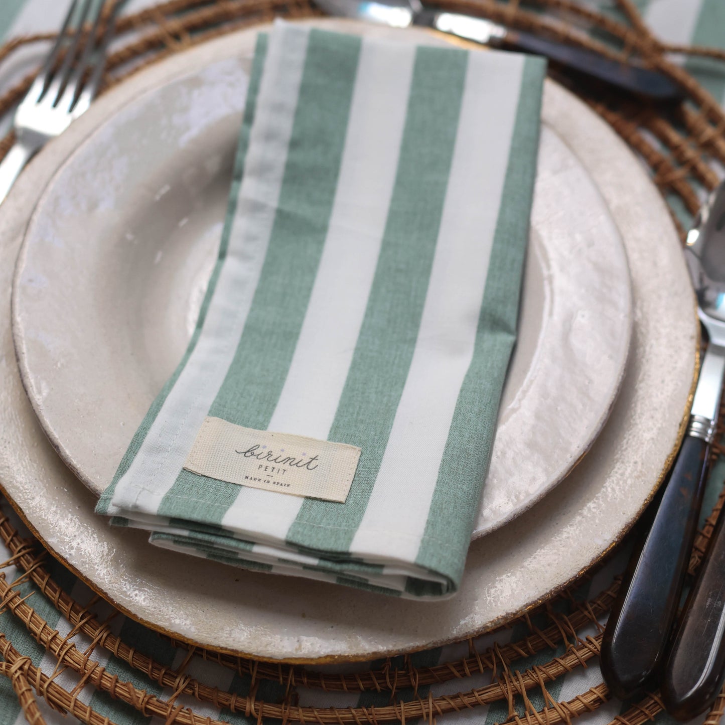 Green stripe tablecloth with ruffle Jackie